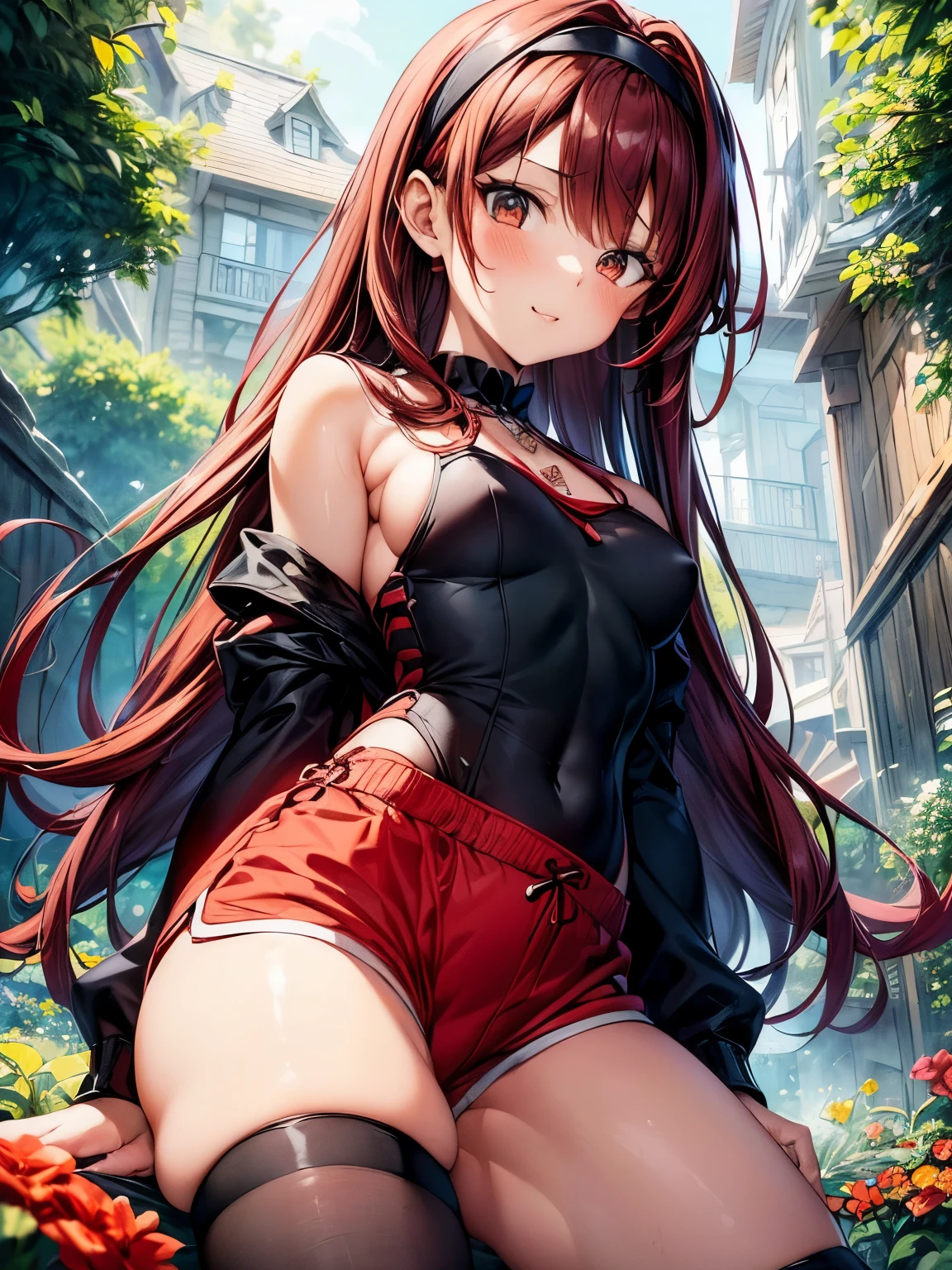 highest quality、Nice sexy body、One Woman、(solo)、((Beautiful busty woman:1.6))、(Woman with dark red hair:1.3)、Long hair woman、Woman wearing an orange headband、((A woman wearing a red and white high-necked leotard))、(Woman in black shorts:1.5)、Woman in a jacket、garden