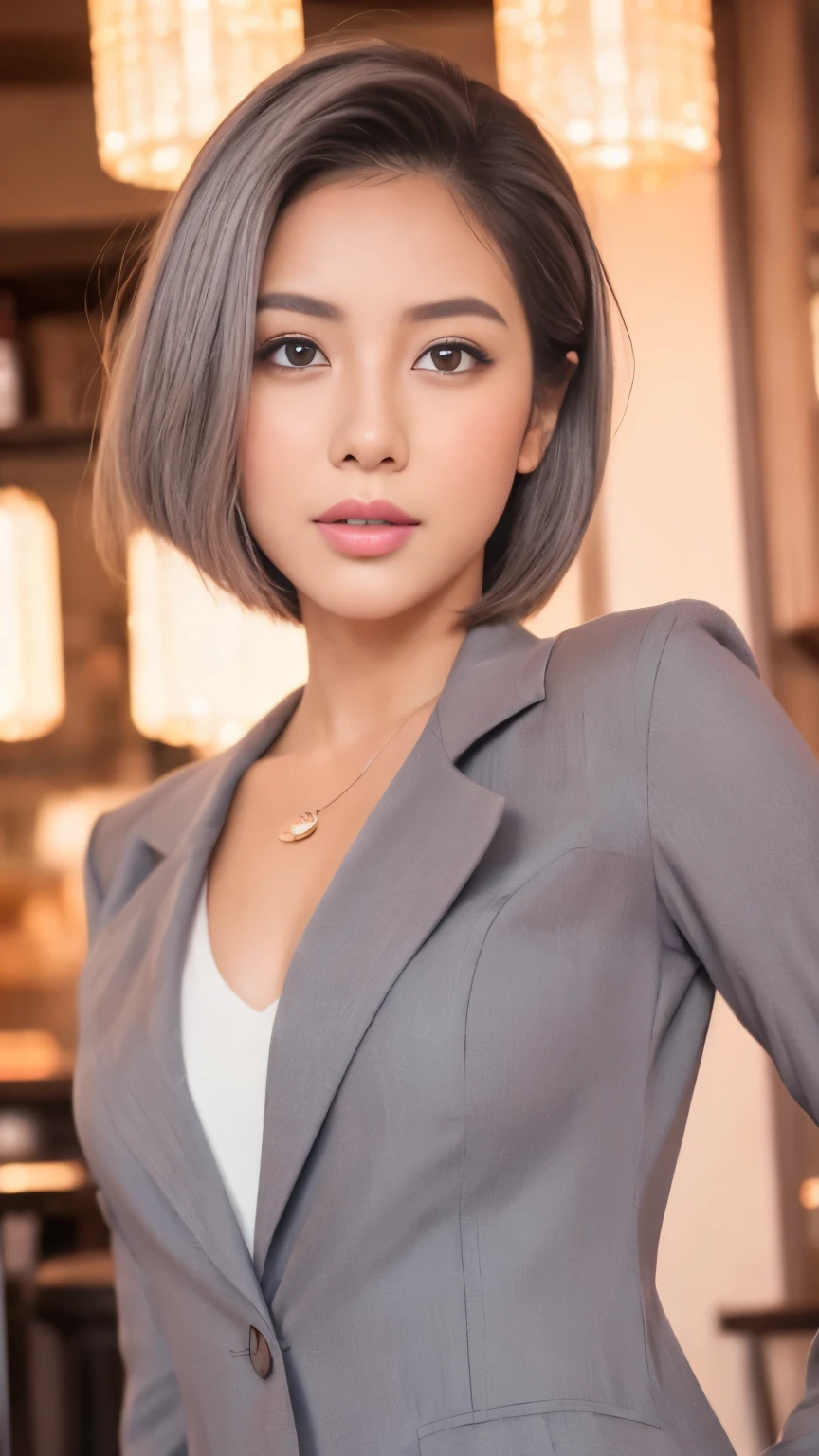 (Masterpiece,Top Quality),1girl,(Photorealistic:1.1),tanned skin,30 years old,double eyelid,((gray suit)),wearing a shirt,(extra short hair),necklace,ultra real,shining eyes,beautiful woman,bar background,eye shadow,eyeliner,realistic eyes,look at the viewer,detailed face,(photorealistic),(raw photo),sexy look,pink lips,even tone,use natural light and color