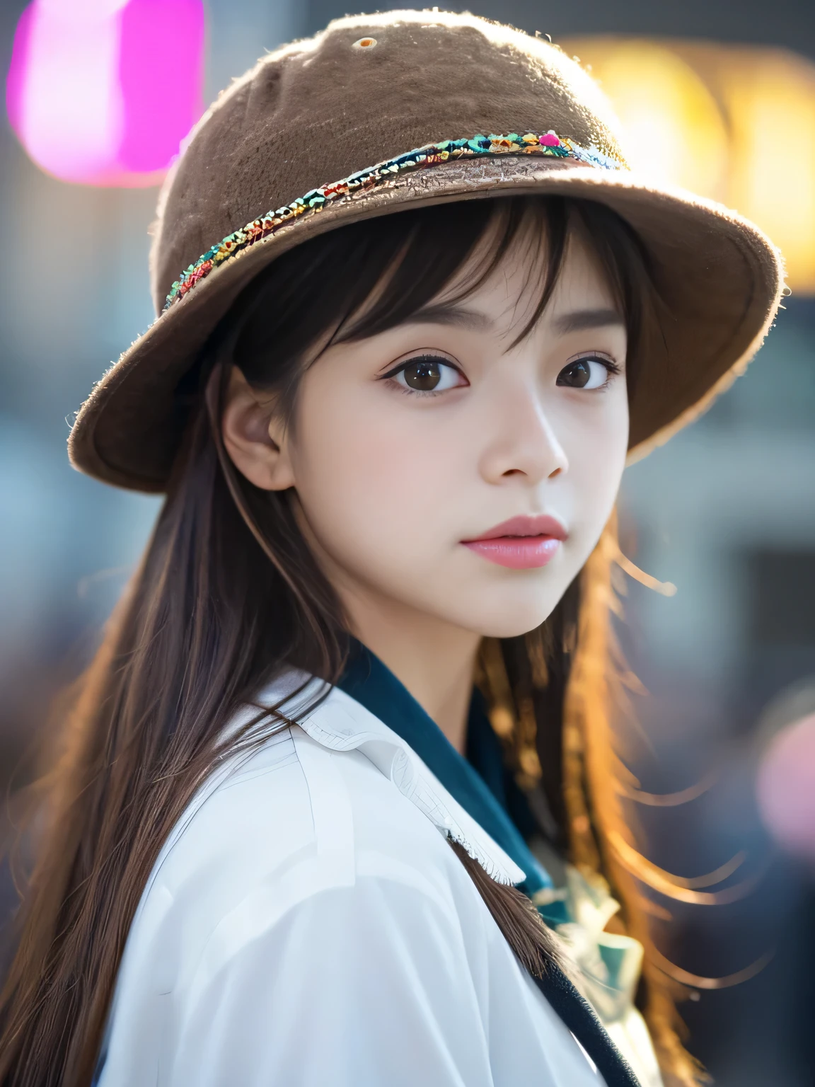 A girl wearing a hat standing alone in the scene. She has beautiful detailed eyes, lips, and a detailed face. The art style is a mix of Lora's FateLocon, ligneClaireStyleCogecha, and mochidukiKeiArtStyle, with a higher emphasis on the SkadiThe style. The image quality should be the best, with a resolution of 4k or 8k. It should have ultra-detailed features and a realistic or photorealistic appearance. The colors should be vivid and the lighting should be done in a studio setting.
