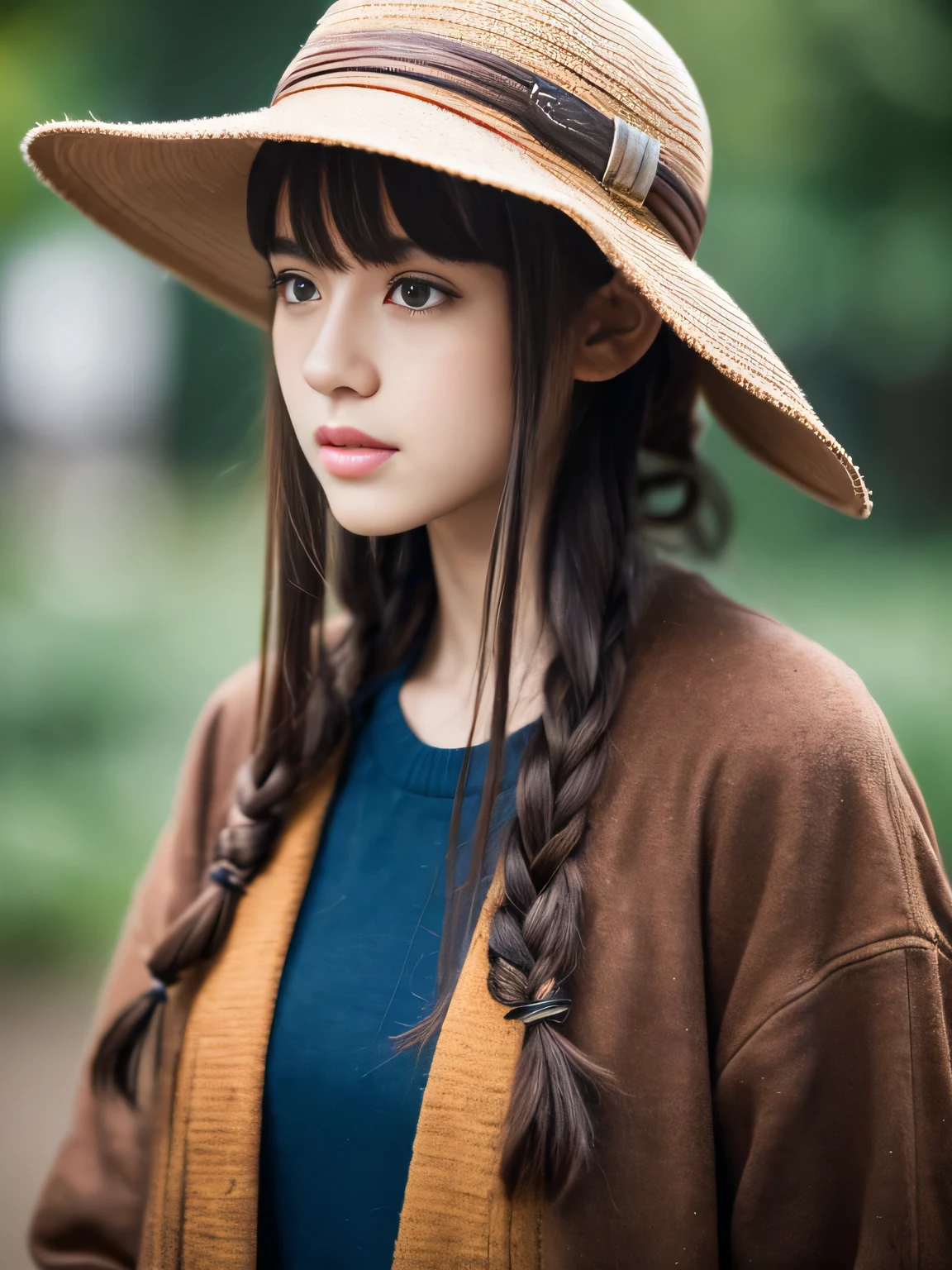 A girl wearing a hat standing alone in the scene. She has beautiful detailed eyes, lips, and a detailed face. The art style is a mix of Lora's FateLocon, ligneClaireStyleCogecha, and mochidukiKeiArtStyle, with a higher emphasis on the SkadiThe style. The image quality should be the best, with a resolution of 4k or 8k. It should have ultra-detailed features and a realistic or photorealistic appearance. The colors should be vivid and the lighting should be done in a studio setting.