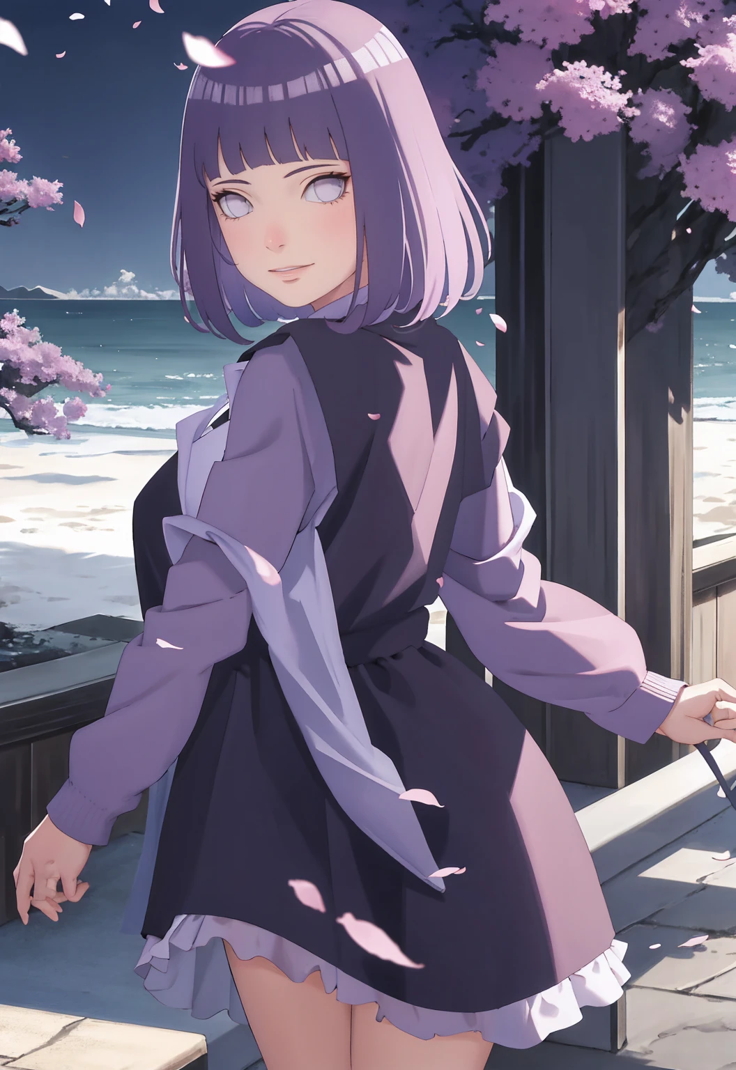 Meisterwerk, absurdres, Hinata\(Boruto\), 1girls, nur,reifes Weibchen, lila Kapuzenpullover,layered sleeves, braune Hose, al fresco,Lavendelblütenfeld, Blick auf den Betrachter, (falling petals), overcast sky, Perfekte Komposition, Detaillierte Lippen, large chest, Beautiful face, Body Propotion, flush, (rosa Lippen), Lange Haare, lila Augen, Sanfter Blick, sad smile, Super realistisch, Detailliert, Fotoshooting, Realistic face and body, Realistisches Haar, Realistische Augen, realistische Nase, Realistische Lippen, backwards, looking back
