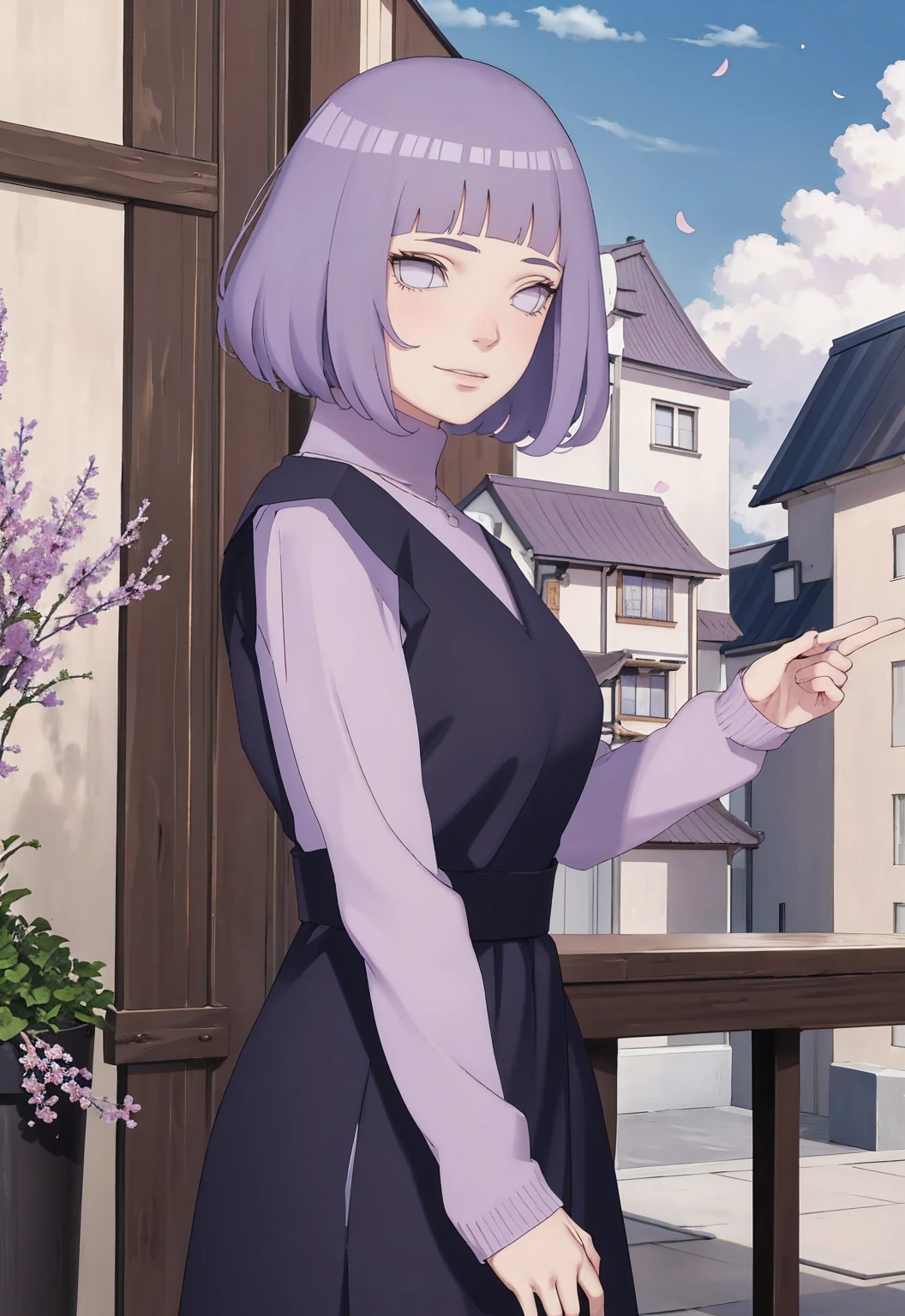 Meisterwerk, absurdres, Hinata\(Boruto\), 1girls, nur,reifes Weibchen, lila Kapuzenpullover,layered sleeves, braune Hose, al fresco,Lavendelblütenfeld, Blick auf den Betrachter, (falling petals), overcast sky, Perfekte Komposition, Detaillierte Lippen, large chest, Beautiful face, Body Propotion, flush, (rosa Lippen), Lange Haare, lila Augen, Sanfter Blick, sad smile, Super realistisch, Detailliert, Fotoshooting, Realistic face and body, Realistisches Haar, Realistische Augen, realistische Nase, Realistische Lippen, backwards, looking back