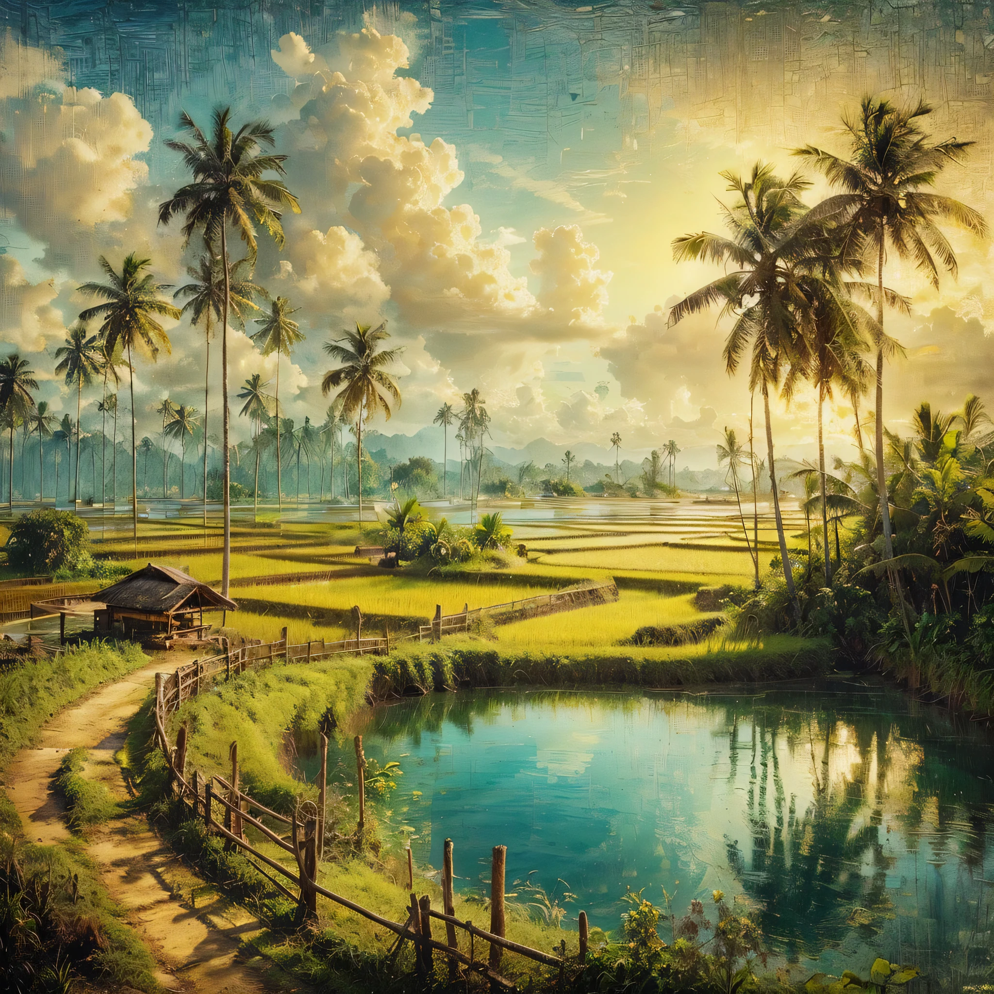 Create a hyperrealistic picture of a beautiful and enchanting view of coconut trees (coconut trees), banana trees (banana trees) on the edge of rice fields (rice fields), wooden fences on the edge of rice fields, small lakes with clear blue water, rivers, oil on rough canvas, textured scumbling technique