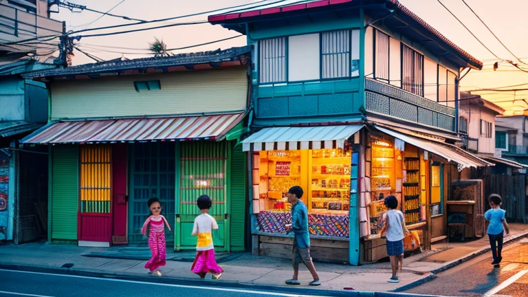 Candy shop、Sunset on 3rd Street、Children playing with a spinning top、Parents and children playing with kites、Children playing with menko、Children shopping at a candy store、Old Japanese tiled house、Scene of children playing