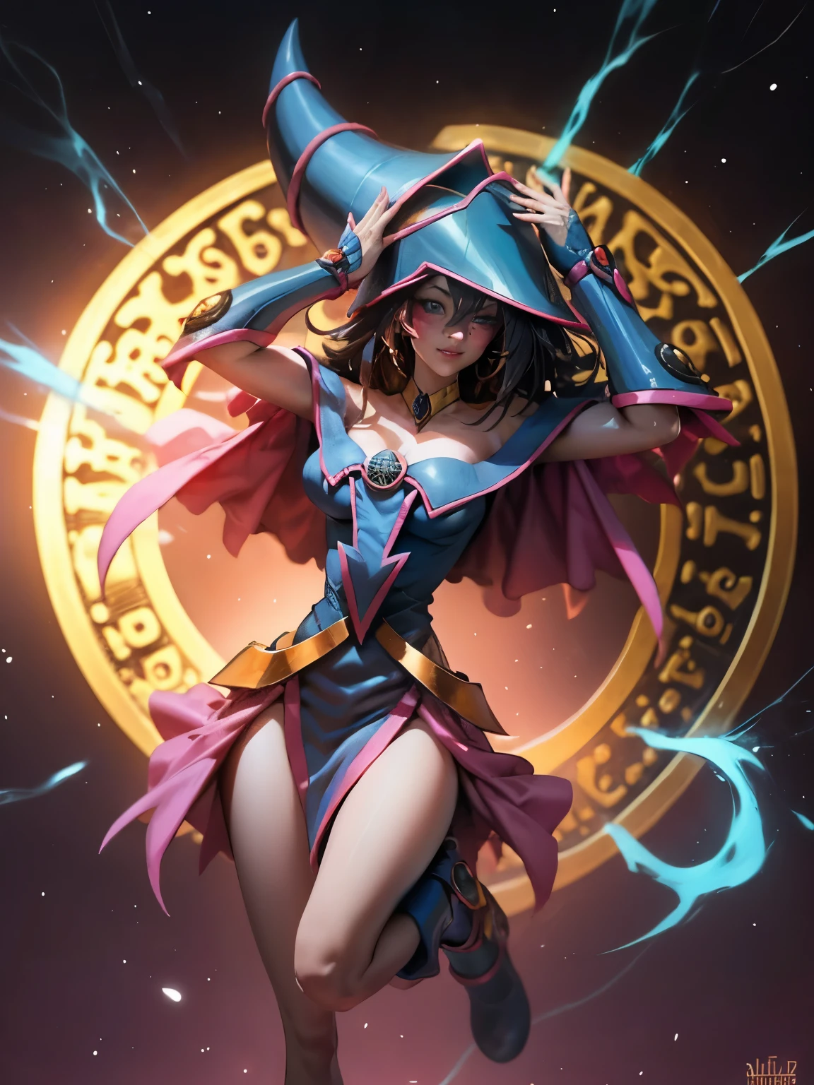 Dark magician gils en el aire, she comes out of a magic circle of heart. Magic hearts background. Sonrisa en sus labios. Ojos celestes. Cabello dorado. Pose sensual. Levitando en una pie. Tiene tacones. 1.1 Usa tacones azules y dorados . Usa tacones