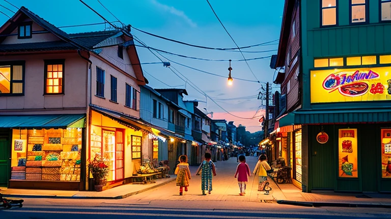 Candy shop、Sunset on 3rd Street、Children playing with a spinning top、Parents and children playing with kites、Children playing with menko、Children shopping at a candy store、Old Japanese tiled house、Scene of children playing