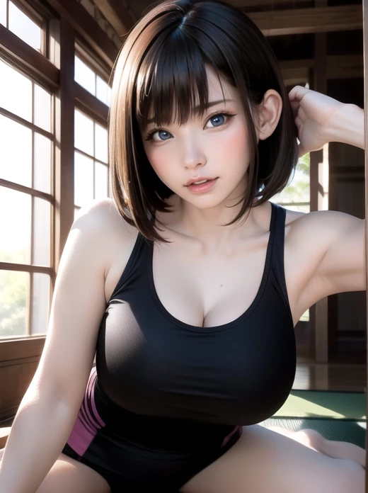 Japanese Girls,(非常にdetailedな肌),curvy,,Beautiful big breasts,(Big Breasts),Pale skin(Fantasy art,Best image quality,Hyperrealist portrait,(8k),Ultra-realistic,最high quality, high quality, High resolution, high quality texture,Attention to detail,Beautiful details,detailed,Extremely detailed CG,detailed Texture,Realistic facial expressions,masterpiece,in front,dynamic,bold),Adult beauty short bob hair,A rounded bob hairstyle that follows the lines of the face、(Very soft hair),(Super Straight Hair:1.5), sleek bangs,Very light coppery amber hair,Hair on one eye、stretching on a yoga mat、Wear yoga clothes、Lying on one&#39;s back, twisting one&#39;s waist and doing flexibility exercises、whole bodyをdetailedに描写、whole body