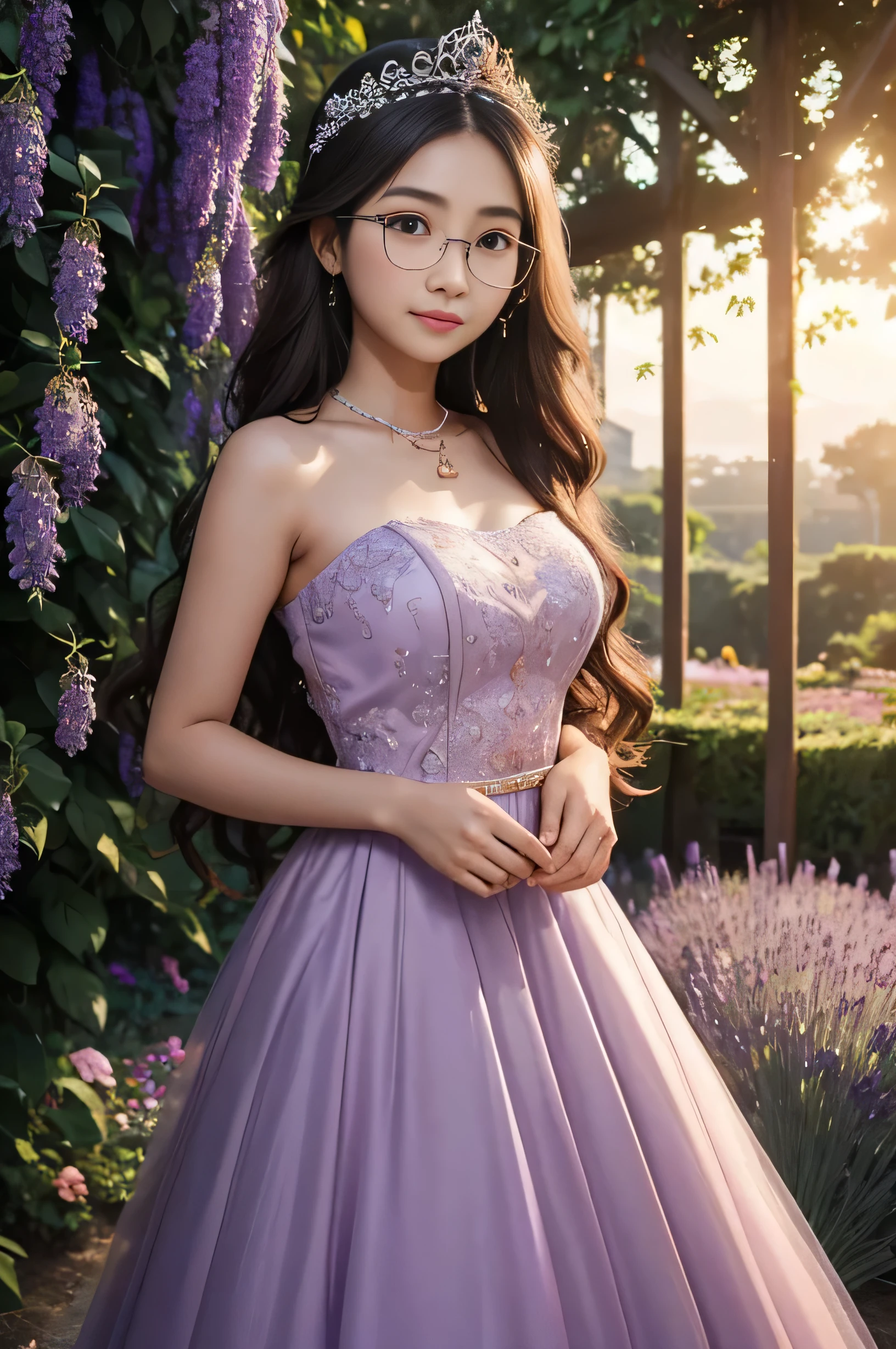 detailed face of half body photo. 25 year old Indonesian girl with a sweet face, big round face and long brown wavy hair, round glasses, Wearing violet long Sleeveless strapless prostitude sexy wedding dress with long transparant skirt and Tiny crown While raised her hand in lavender garden at dusk