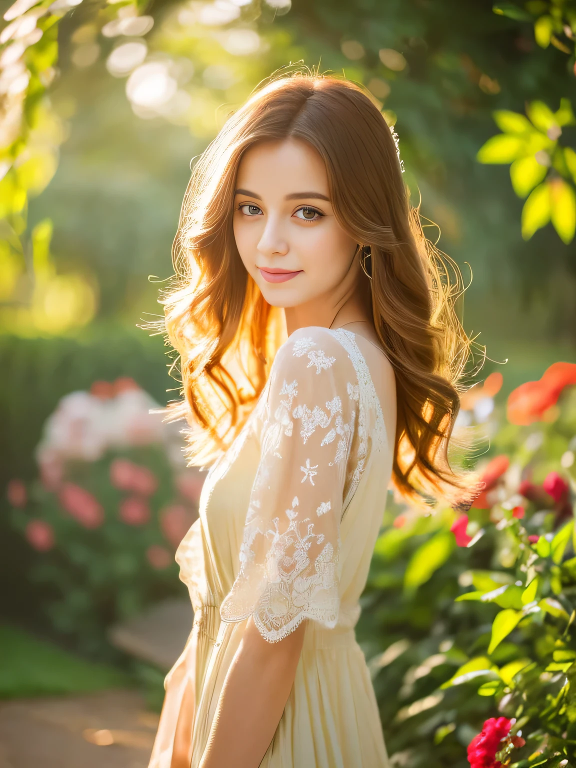 (best quality,4k,8k,highres,masterpiece:1.2),ultra-detailed,(realistic,photorealistic,photo-realistic:1.37),beautiful detailed eyes,beautiful detailed lips,extremely detailed eyes and face,longeyelashes,orange shiny hair flow,red stunning eyes,flowy dress,romantic setting,soft lighting,peaceful garden background,lush greenery,colourful flowers,gentle breeze,lively birdsong,relaxed pose,graceful movements,subtle smile,ethereal beauty,overall warm color palette,vibrant and rich colors,dreamy and serene atmosphere,layers of intricate details,soft, smooth brushstrokes,illustrative artwork style,luminous and magical feeling,harmonious composition,stunning visual impact.