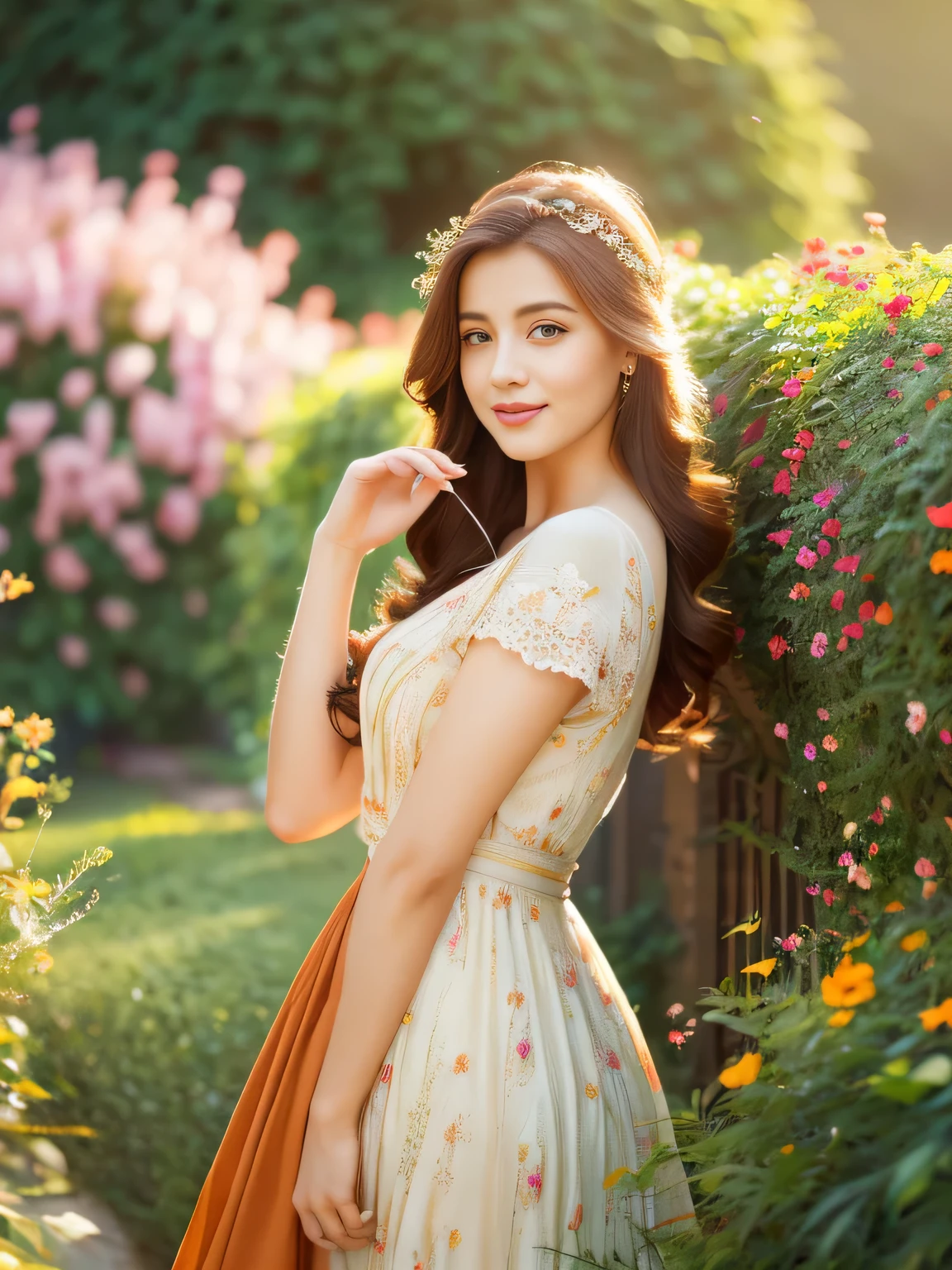 (best quality,4k,8k,highres,masterpiece:1.2),ultra-detailed,(realistic,photorealistic,photo-realistic:1.37),beautiful detailed eyes,beautiful detailed lips,extremely detailed eyes and face,longeyelashes,orange shiny hair flow,red stunning eyes,flowy dress,romantic setting,soft lighting,peaceful garden background,lush greenery,colourful flowers,gentle breeze,lively birdsong,relaxed pose,graceful movements,subtle smile,ethereal beauty,overall warm color palette,vibrant and rich colors,dreamy and serene atmosphere,layers of intricate details,soft, smooth brushstrokes,illustrative artwork style,luminous and magical feeling,harmonious composition,stunning visual impact.