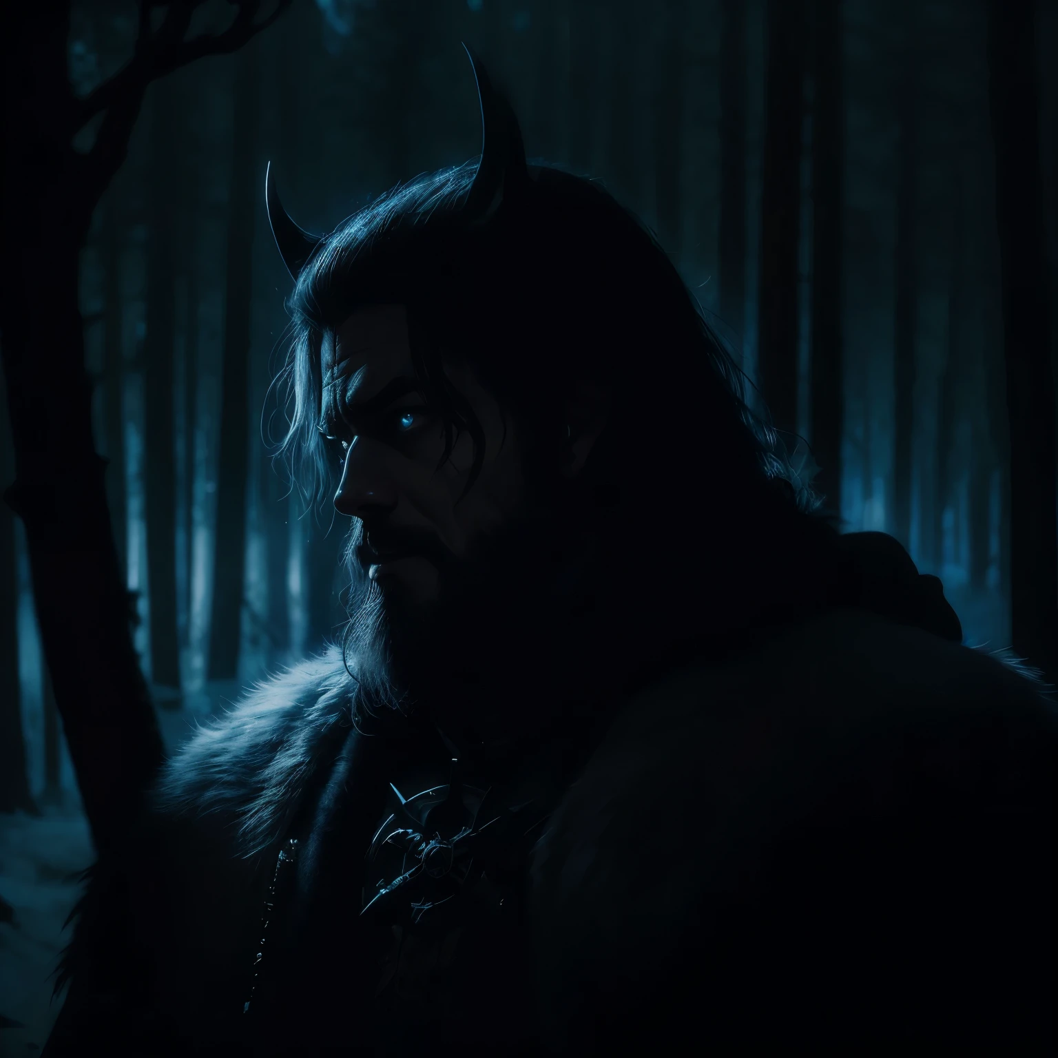 Profile portrait image of a strong young man with a nordic hood in a dark frozen forest at night, floresta escura sem luz, Nordic man forte em uma floresta sombria, portrait in a forest during twilight, floresta negra floresta sombria, Horror fantasy art, ( ( ( Horror art ) ) ), big muscles, Nordic man, homem poderoso, horrible forest, Horror illustration, gore horror, Horror painting, nightmare illustration, Norse Viking