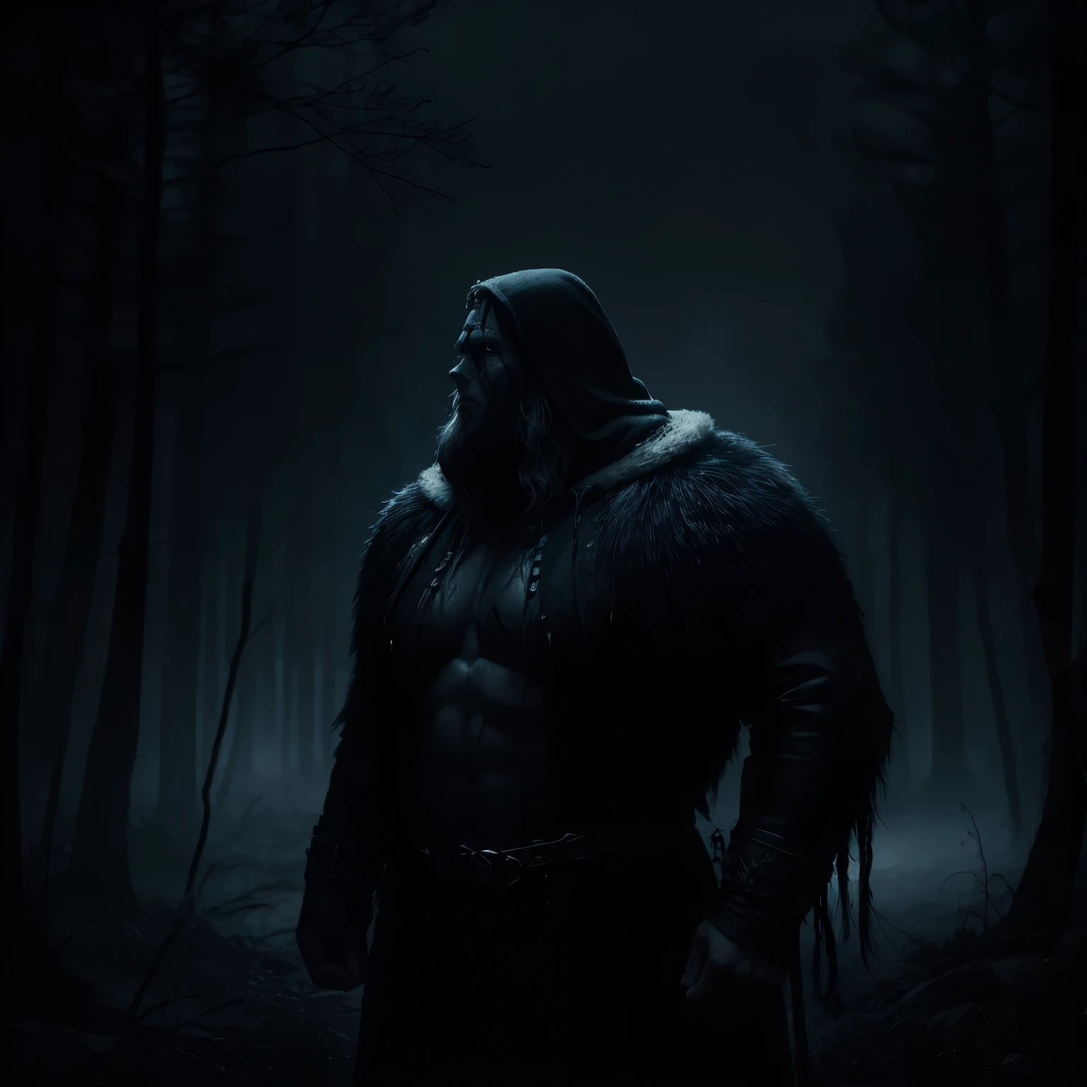 Profile portrait image of a strong young man with a nordic hood in a dark frozen forest at night, floresta escura sem luz, Nordic man forte em uma floresta sombria, portrait in a forest during twilight, floresta negra floresta sombria, Horror fantasy art, ( ( ( Horror art ) ) ), big muscles, Nordic man, homem poderoso, horrible forest, Horror illustration, gore horror, Horror painting, nightmare illustration, Norse Viking