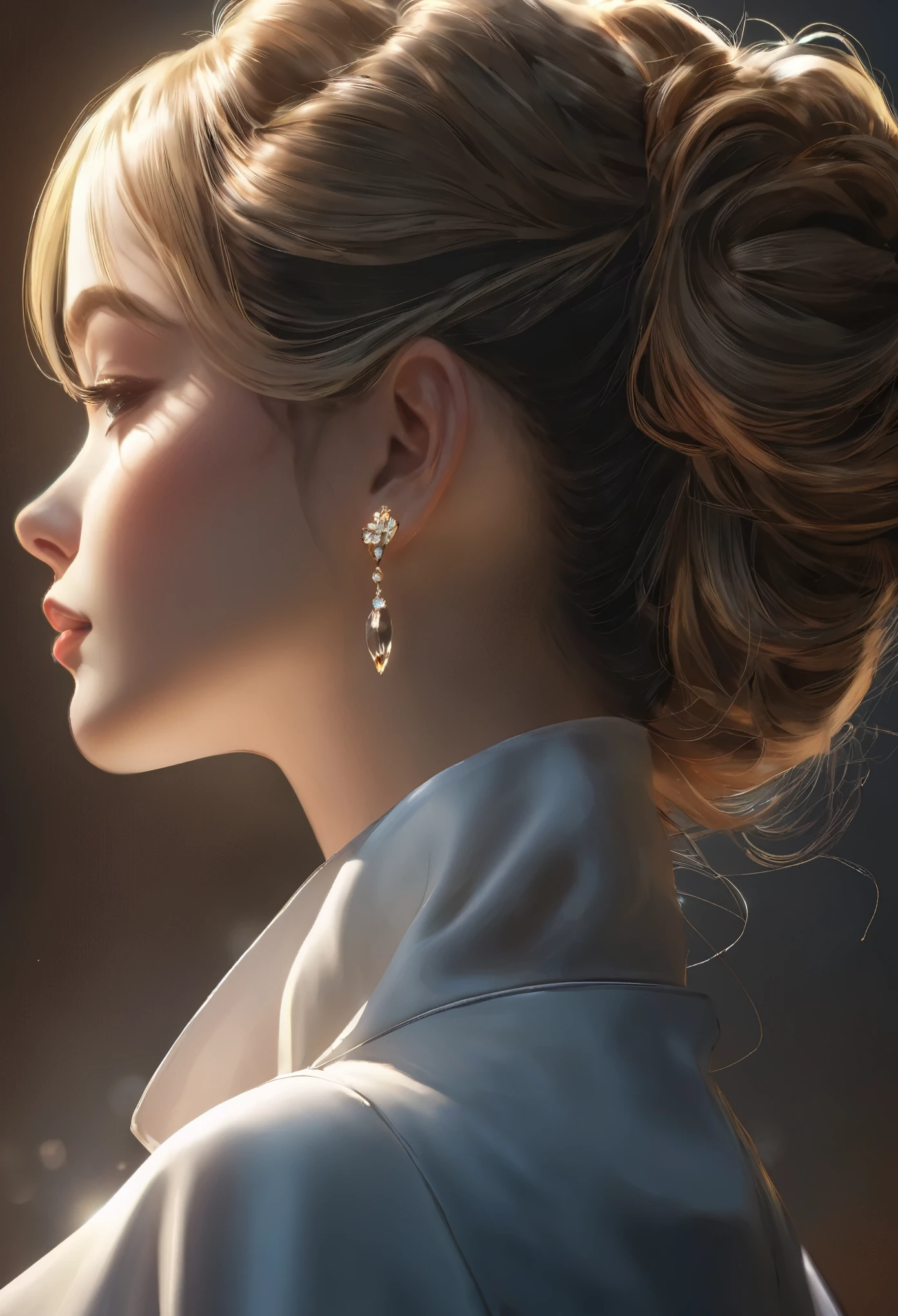 from above side, neck focus, best quality, beautiful woman's curves from ear to nape, close-up, updo hairstyle, captivating lighting