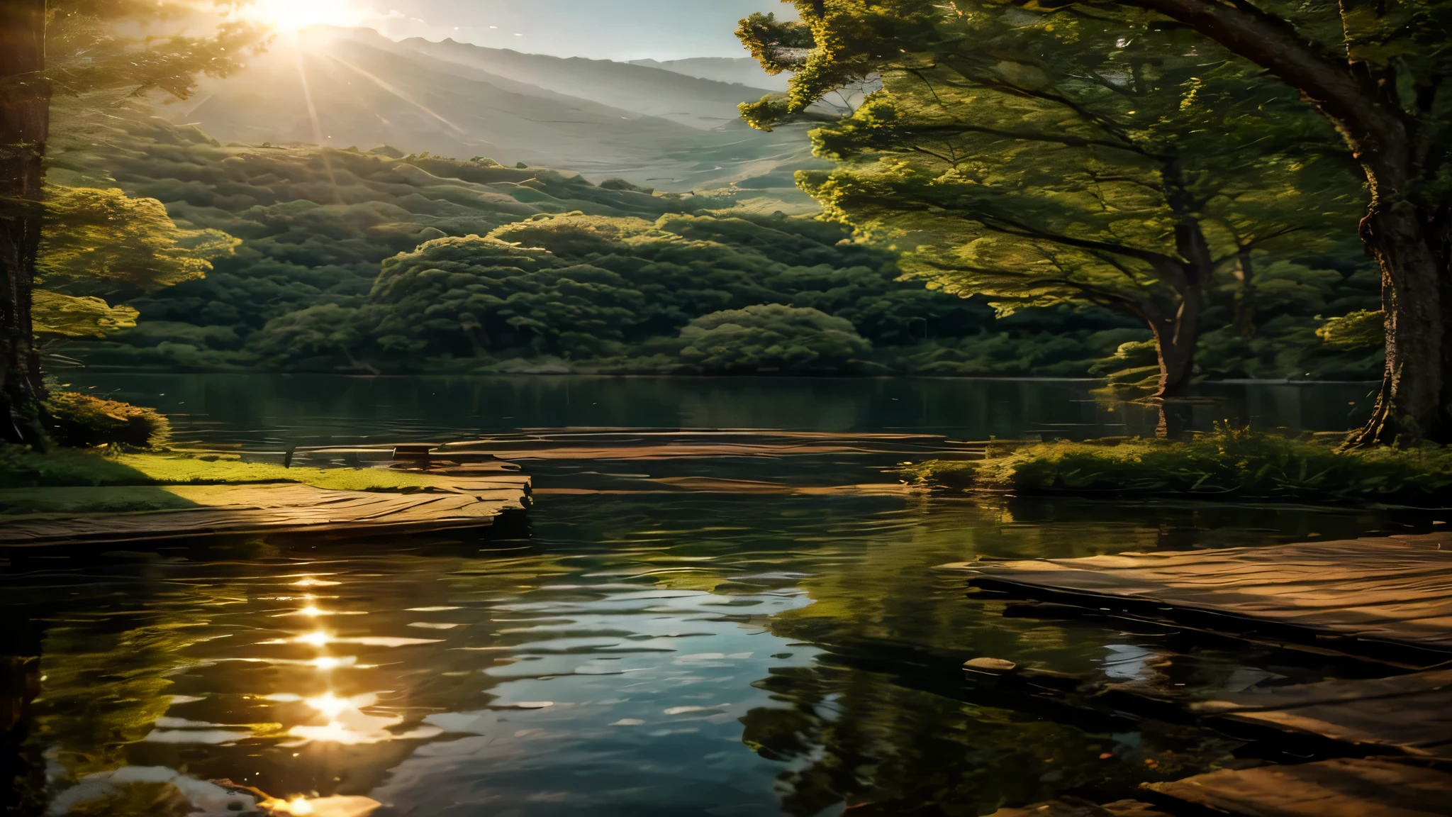 create image serene and inspiring scenery, natural florest, three, lake, sun, Zen natural landscape, HDR