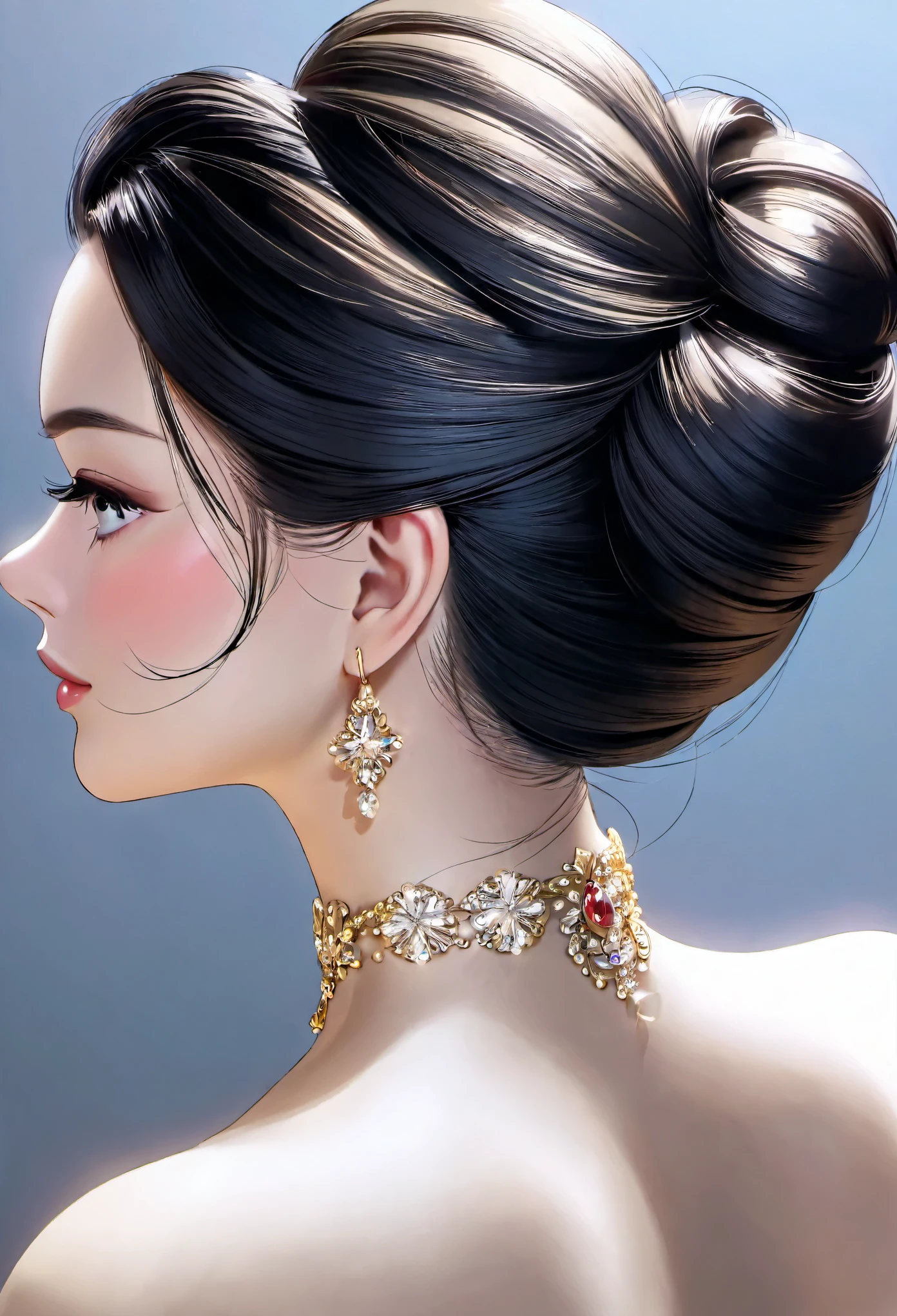 from above side, neck focus, best quality, beautiful woman's curves from ear to nape, close-up, updo hairstyle, captivating lighting