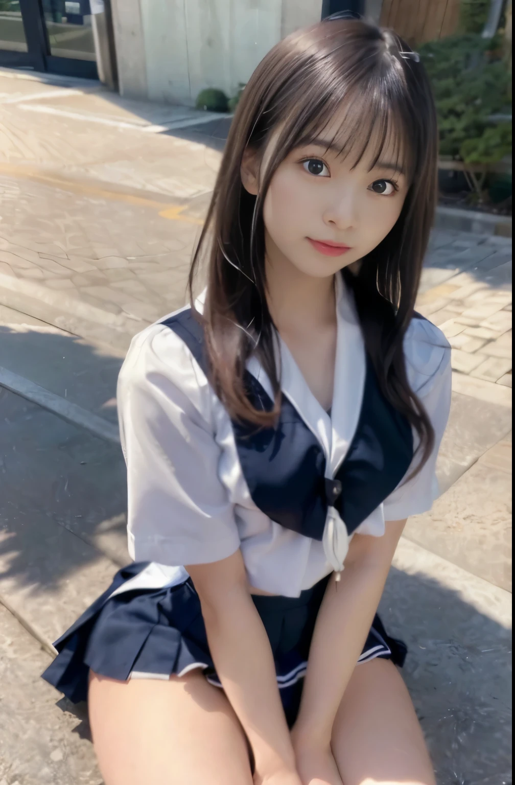 Japanese,13 years old,Innocent face,Teenage Girl,cute,Primary school students,Private elementary school,uniform,Summer clothes,Sitting、Thin thighs、Random hairstyle、