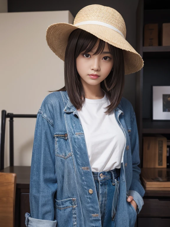 A girl wearing a hat standing alone in the scene. She has beautiful detailed eyes, lips, and a detailed face. The art style is a mix of Lora's FateLocon, ligneClaireStyleCogecha, and mochidukiKeiArtStyle, with a higher emphasis on the SkadiThe style. The image quality should be the best, with a resolution of 4k or 8k. It should have ultra-detailed features and a realistic or photorealistic appearance. The colors should be vivid and the lighting should be done in a studio setting.