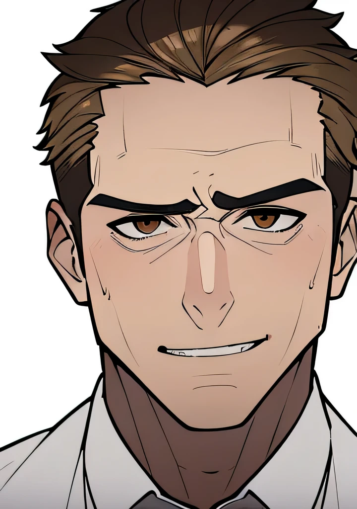 One 45 year old Adult male, handsome, brownish blonde short hair parted down the middle, side burns, stubble, brown eyes, cocky overconfident and murderous expression, shit eating grin, wearing white collared shirt, portrait style, facing forwards, plain grey background 