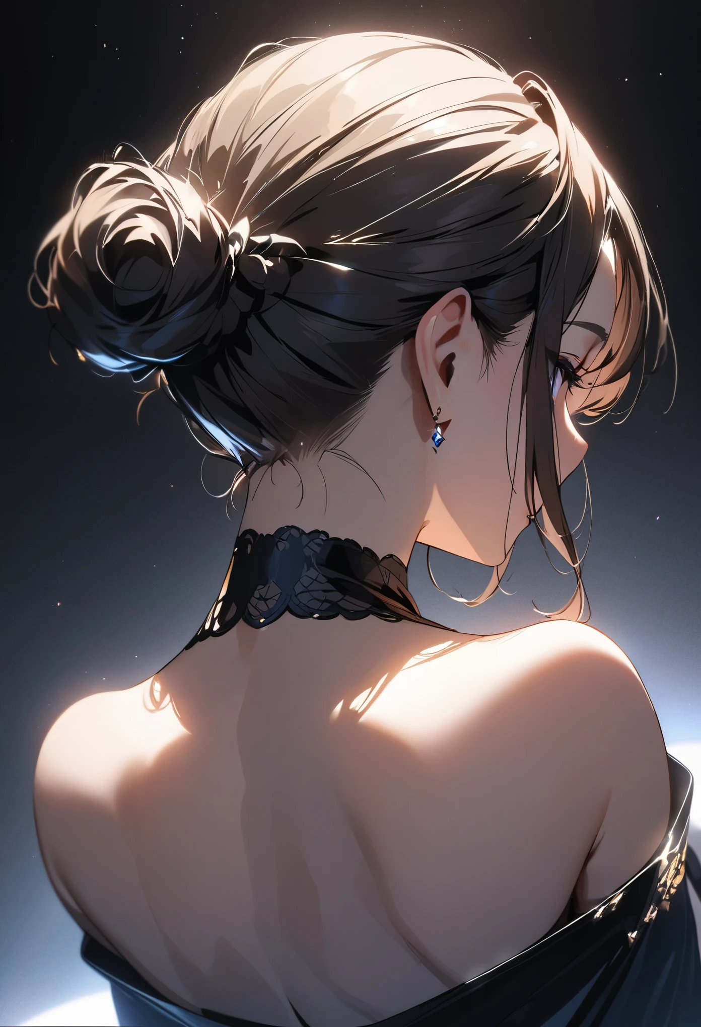 from above side, neck focus, best quality, beautiful woman's curves from ear to nape, close-up, updo hairstyle, captivating lighting