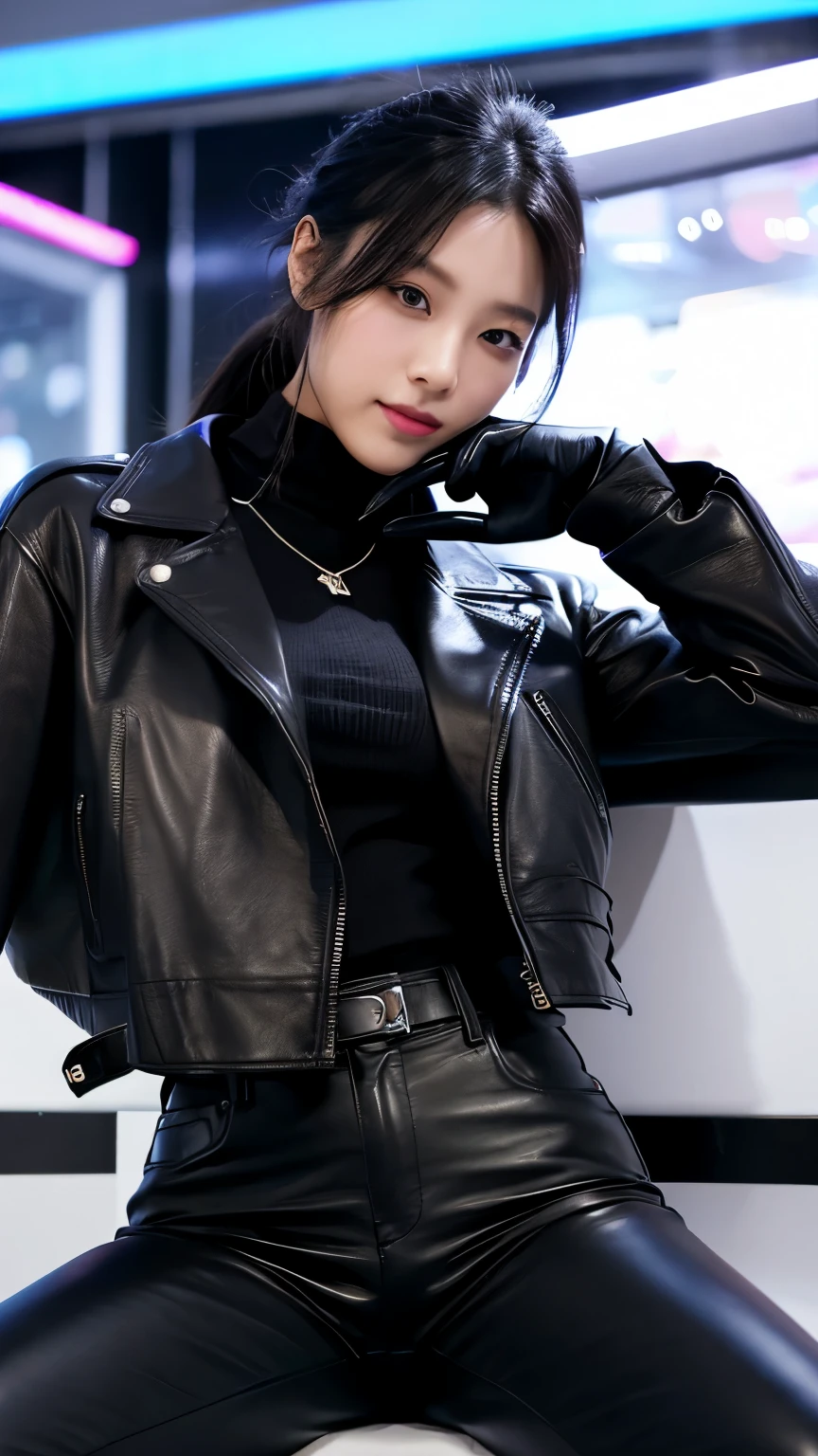 black leather rider jacket, Office in the Dark, Black leather gloved fingertips on both hands,Wearing black leather gloves,Sitting in a black leather chair、 Japanese female new recruits (Black leather gloves cover both hands) (The angle is horizontal)、Black Leather Pants,Black Leather Black Leather Pants,Black Leather Skinny Pants、Long black leather boots on both feet、Black hair ponytail ((He wears black leather gloves on his hands))Full Body Photo,full body shot full body full body leather suit,☺If you turn in this direction。Wearing black leather gloves,Wearing black leather gloves,Wearing black leather gloves,Wearing black leather gloves,Wearing black leather gloves,Wearing black leather gloves,黒のレザーパンツが美しい😍黒のレザーパンツが美しい😍黒のレザーパンツが美しい,😍Smiling while looking at me,City lights、((Neon Cyberpunk City Street:1.3))、(Neon Light)、Detailed lighting、
Best image quality、Ultra-high resolution、(realism:1.4)、Korean Beauty Star、The most beautiful KPOP stars、face、Horny Korean Makeup、A body that makes you want to touch it、Realistic leather texture、Costume made of smooth leather fabric、The drape of the curved parts of the leather fabric、The costume is very shiny、Quality of the costume、8K Photo Quality