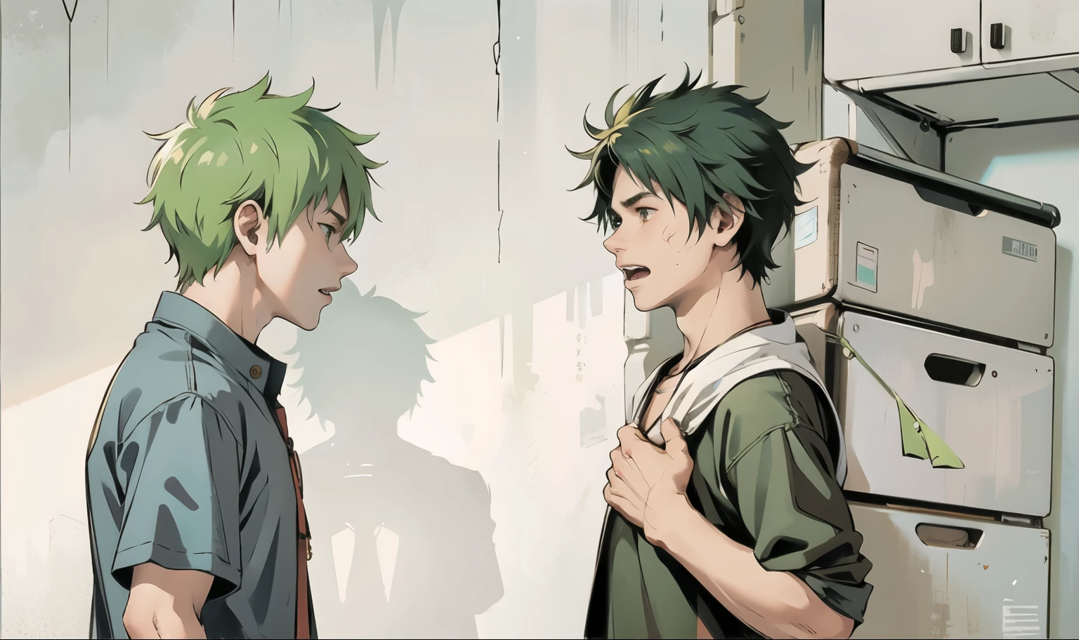 There is a green-haired boy, 19 years old, screaming with his mouth open at the other boy. The other boy feels pain in his chest.