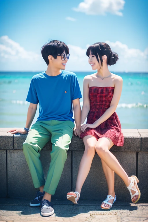Two couples sitting by the seaside, anime style