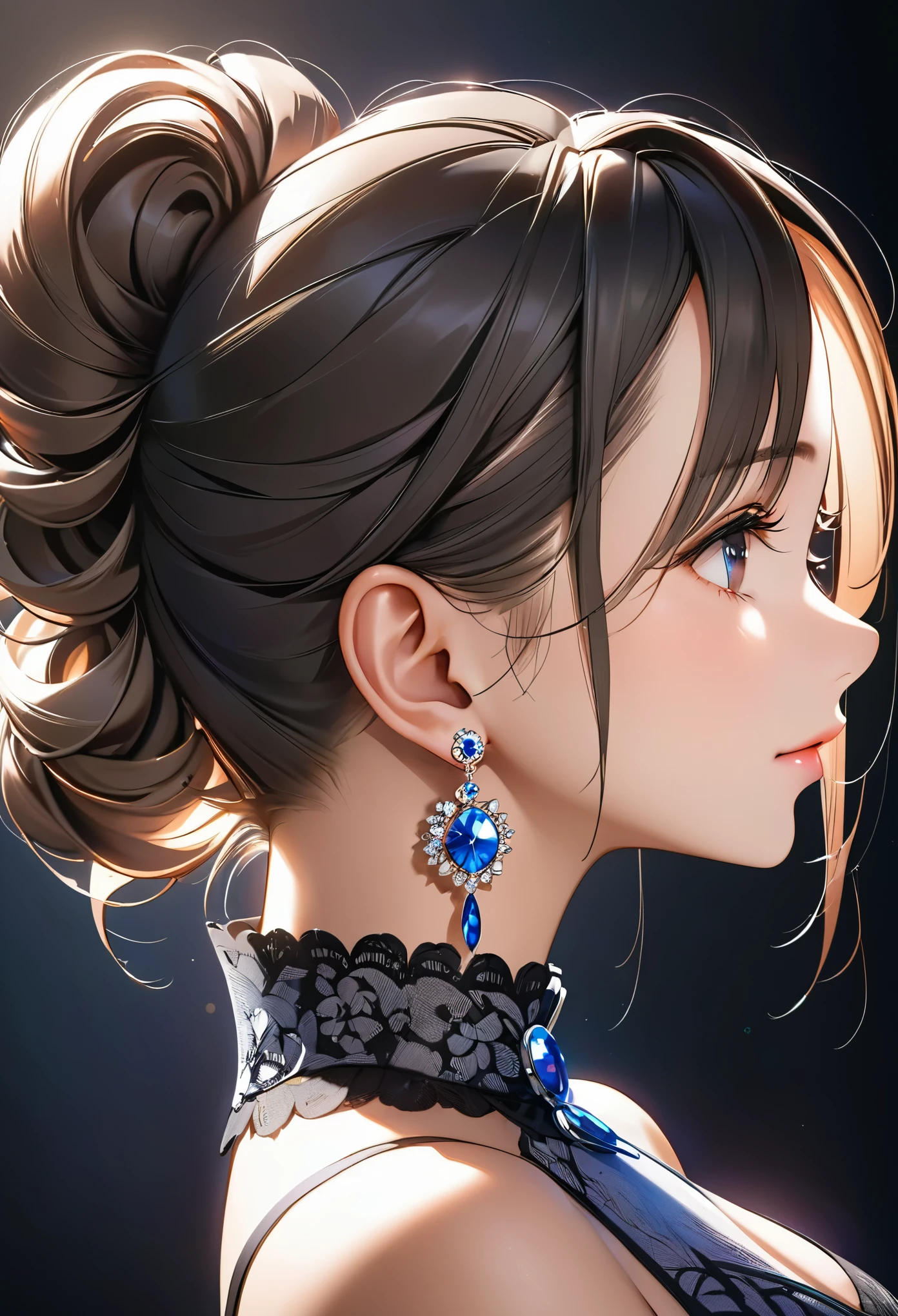 from above side, neck focus, best quality, beautiful woman's curves from ear to nape, close-up, updo hairstyle, captivating lighting