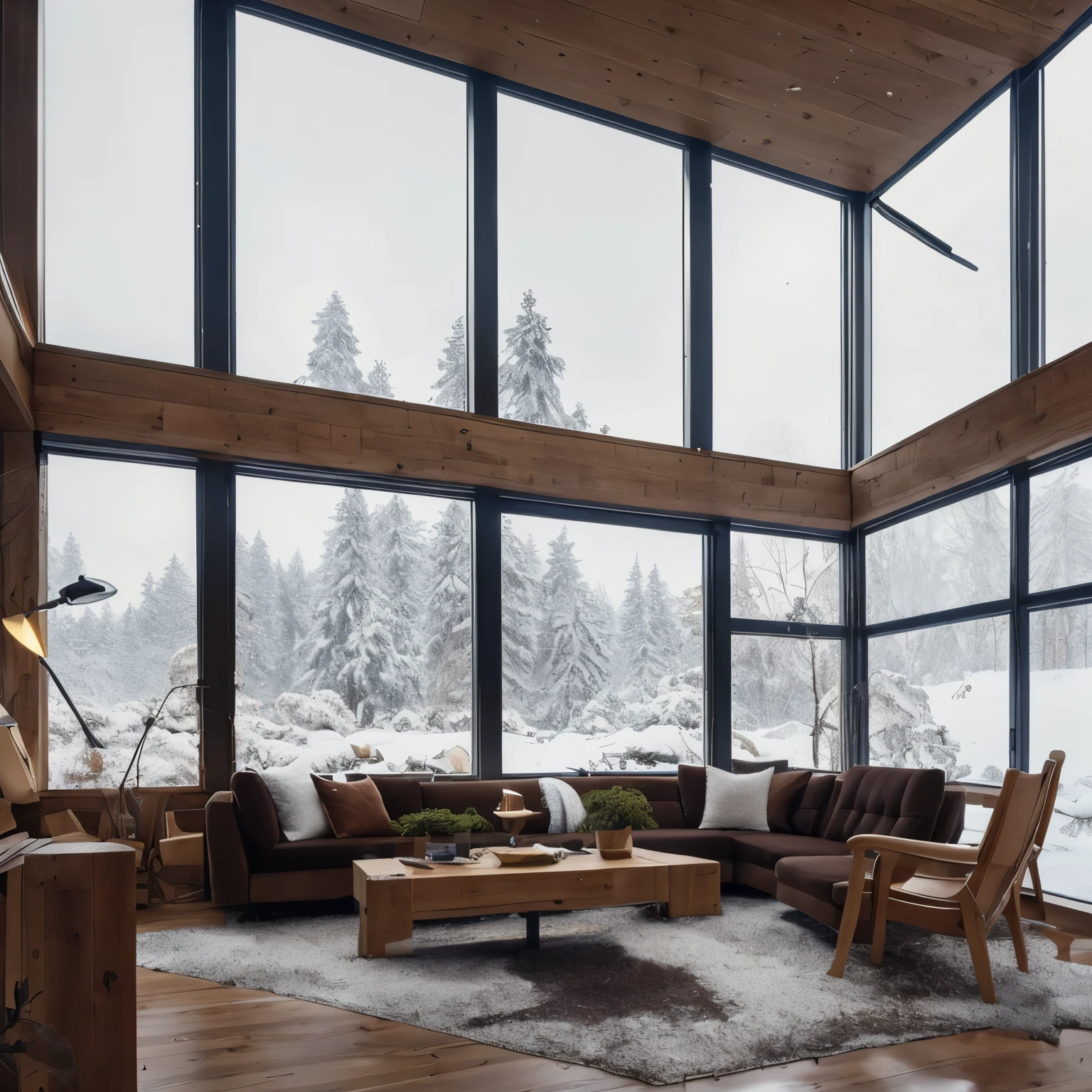 8k,32k,highest quality, Chair, sofa, plant, Snow Scene, Disorganized, composition, cup, interior, Floor-to-ceiling windows, Wooden floor, living room, Dark brown