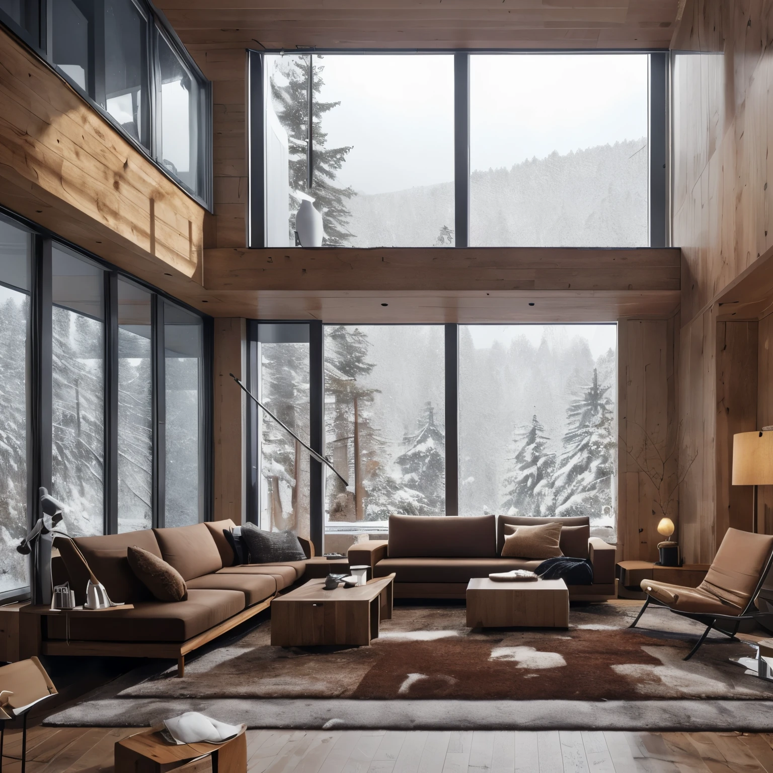 8k,32k,highest quality, Chair, sofa, plant, Snow Scene, Disorganized, composition, cup, interior, Floor-to-ceiling windows, Wooden floor, living room, Dark brown