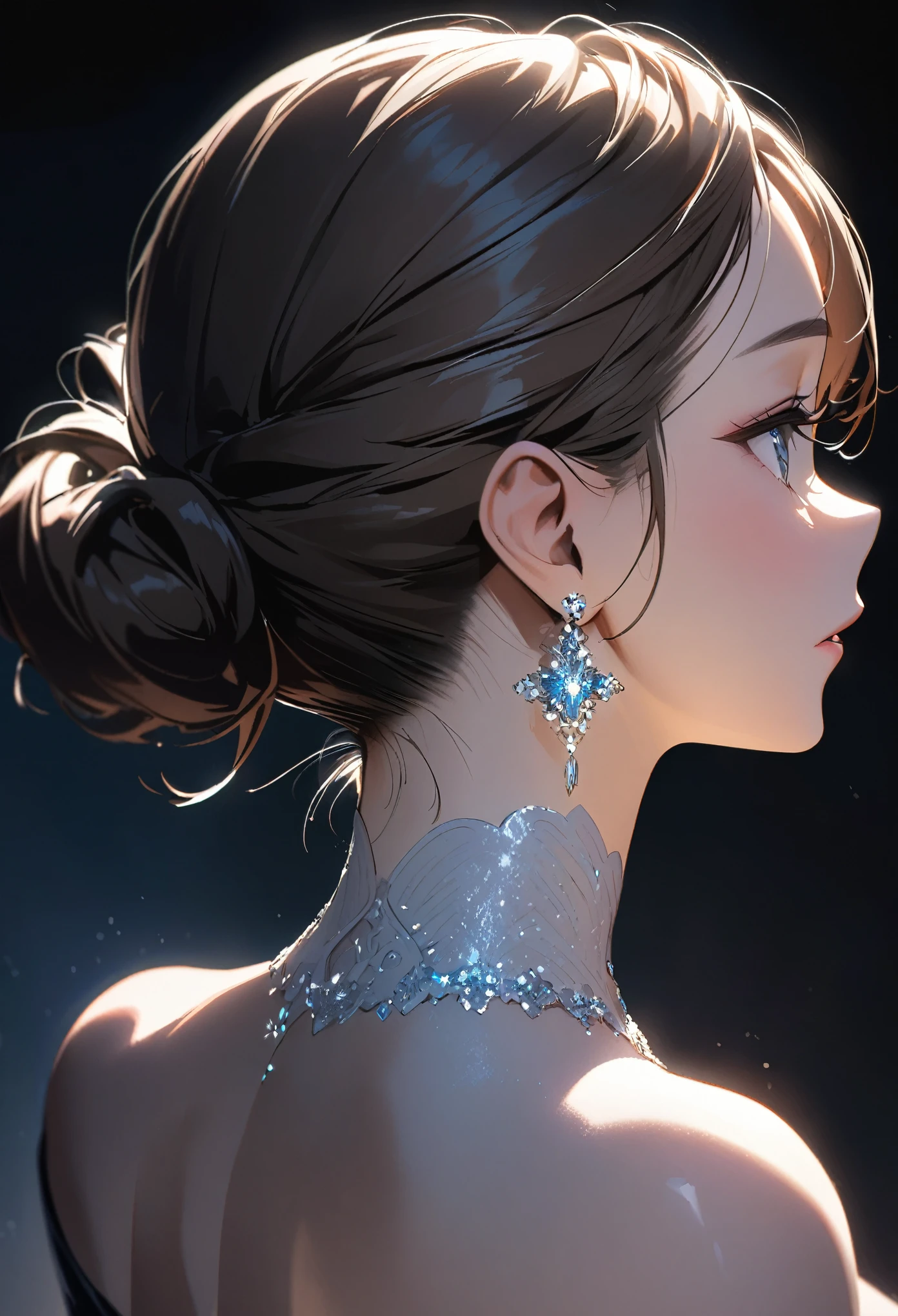from above side, neck focus, best quality, beautiful woman's curves from ear to nape, close-up, updo hairstyle, captivating lighting