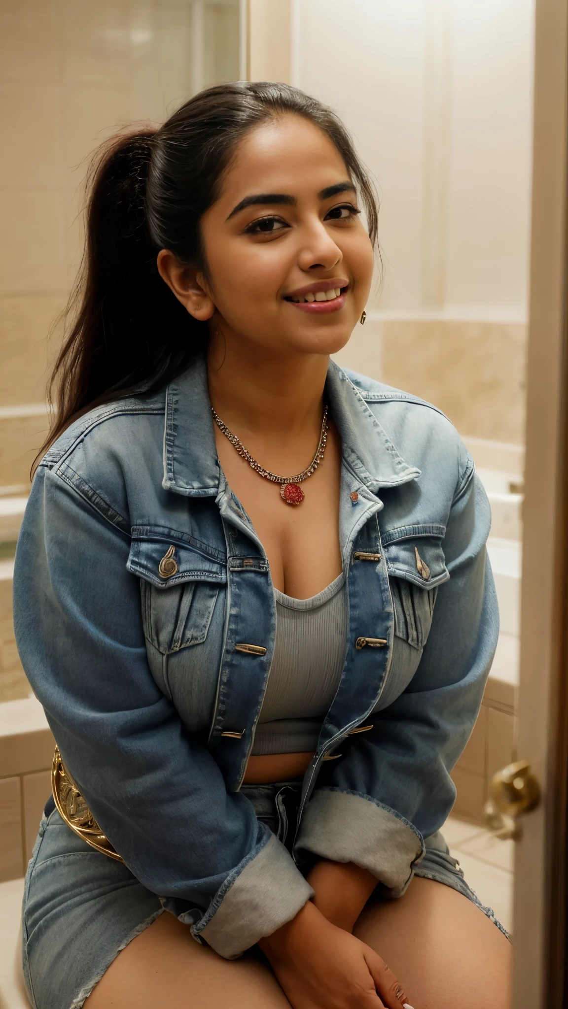 close up photo of naked ntg avika gor, curvy, hourglass figure, swooping breasts, seductive eyes, look at viewer and smile, sitting on mirror cabinet in bathroom, necklace, denim jacket, red lips, sultry, ponytail, (cinematic:1.3), intricate details, (ArtStation:1.2)