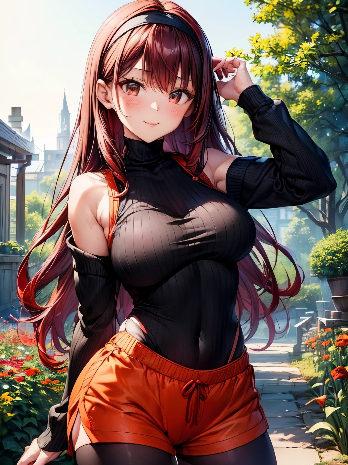 highest quality、Nice sexy body、One Woman、(solo)、((Beautiful busty woman:1.6))、(Woman with dark red hair:1.3)、Long hair woman、Woman wearing an orange headband、((A woman wearing a knitted red and white high-neck leotard))、(Woman in black shorts:1.5)、Woman in a jacket、garden、smile