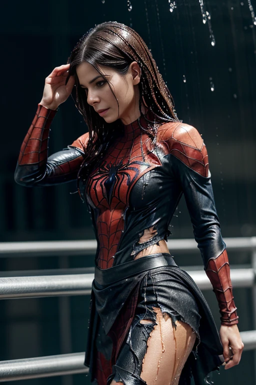 Sandra Bullock、マーベル・コミック映画のPoster, Very beautiful, Movies about Spiderman, sexy, whole body, I'm wearing a skirt、Premiere date, Poster、belly buttonを突き出す、new york、She's wearing a torn Spider-Man suit,The suit is torn、Wearing a skirt、 Red and black color scheme,dynamic、masterpiece、highest quality、Ultra-detailed、Very detailed、A delicate and beautiful shine、超A high resolution、Cinematic,Break,Breakdrop,(Torn clothes:1.5), (Wet clothes:1.4), Bare shoulders,Real Rain,Wet Hair,belly button、Exposing Skin、sexyな肩を見せてる
