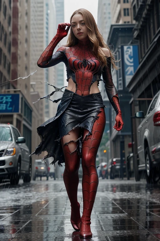 Amanda Seyfried、Crouching、With both hands up、マーベル・コミック映画のPoster, Very beautiful, Movies about Spiderman, sexy, whole body, I'm wearing a skirt、Premiere date, Poster、belly buttonを突き出す、new york、She's wearing a torn Spider-Man suit,The suit is torn、Wearing a skirt、 Red and black color scheme,dynamic、masterpiece、highest quality、Ultra-detailed、Very detailed、A delicate and beautiful shine、超A high resolution、Cinematic,Break,Breakdrop,(Torn clothes:1.5), (Wet clothes:1.4), Bare shoulders,Real Rain,Wet Hair,belly button、Exposing Skin、sexyな肩を見せてる