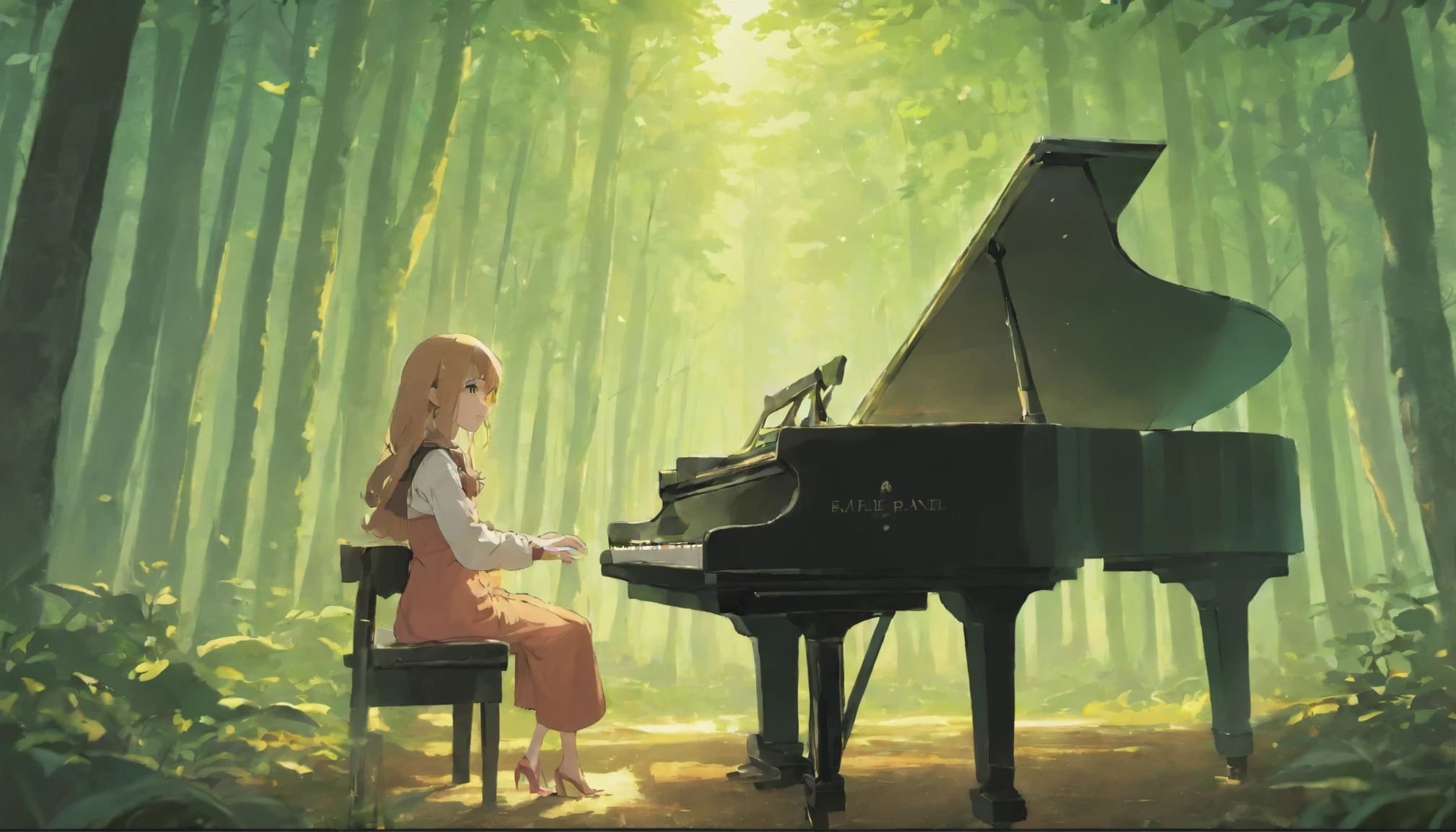 Create a follow-up based on the Bible verse 1 Samuel 2.Girl playing piano in the forest、Big grand piano