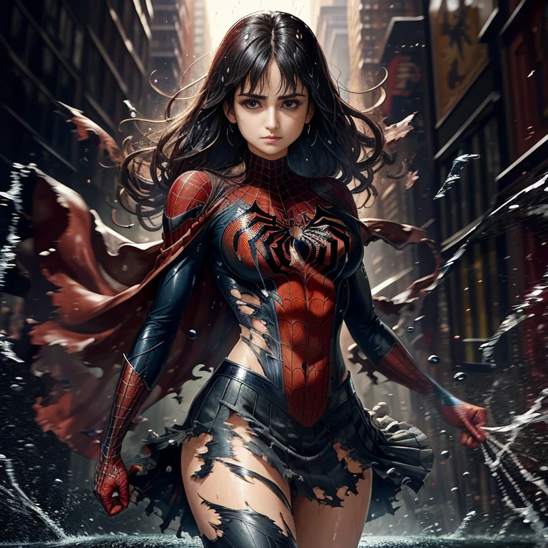 Penelope Cruz、マーベル・コミック映画のPoster, Very beautiful, Movies about Spiderman, sexy, whole body, I'm wearing a skirt、Premiere date, Poster、belly buttonを突き出す、new york、She&#39;s wearing a torn Spider-Man suit,The suit is torn、Wearing a skirt、 Red and black color scheme,dynamic、masterpiece、highest quality、Ultra-detailed、Very detailed、A delicate and beautiful shine、超A high resolution、Cinematic,Break,Breakdrop,(Torn clothes:1.5), (Wet clothes:1.4), Bare shoulders,Real Rain,Wet Hair,belly button、Exposing Skin、sexyな肩を見せてる