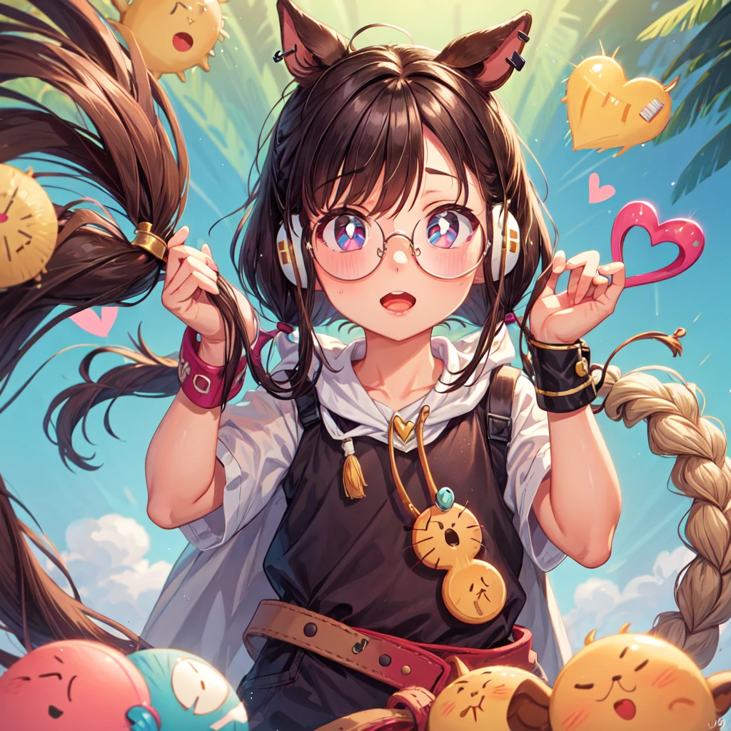 cabelo cor de mel, rabo de cavalo, presilha de cabelo, fita de cabelo, hair tie, cocar de empregada, glasses, toupeira sob o olho, heart-shaped pupils, fones de ouvido de gato, entediado sexy girl hot semi nua
