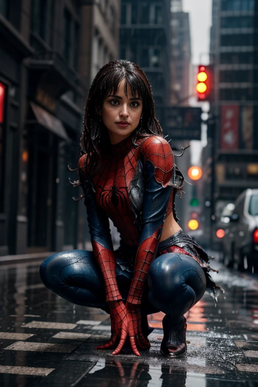 Penelope Cruz、Crouching、With both hands up、マーベル・コミック映画のPoster, Very beautiful, Movies about Spiderman, sexy, whole body, I'm wearing a skirt、Premiere date, Poster、belly buttonを突き出す、new york、She's wearing a torn Spider-Man suit,The suit is torn、Wearing a skirt、 Red and black color scheme,dynamic、masterpiece、highest quality、Ultra-detailed、Very detailed、A delicate and beautiful shine、超A high resolution、Cinematic,Break,Breakdrop,(Torn clothes:1.5), (Wet clothes:1.4), Bare shoulders,Real Rain,Wet Hair,belly button、Exposing Skin、sexyな肩を見せてる