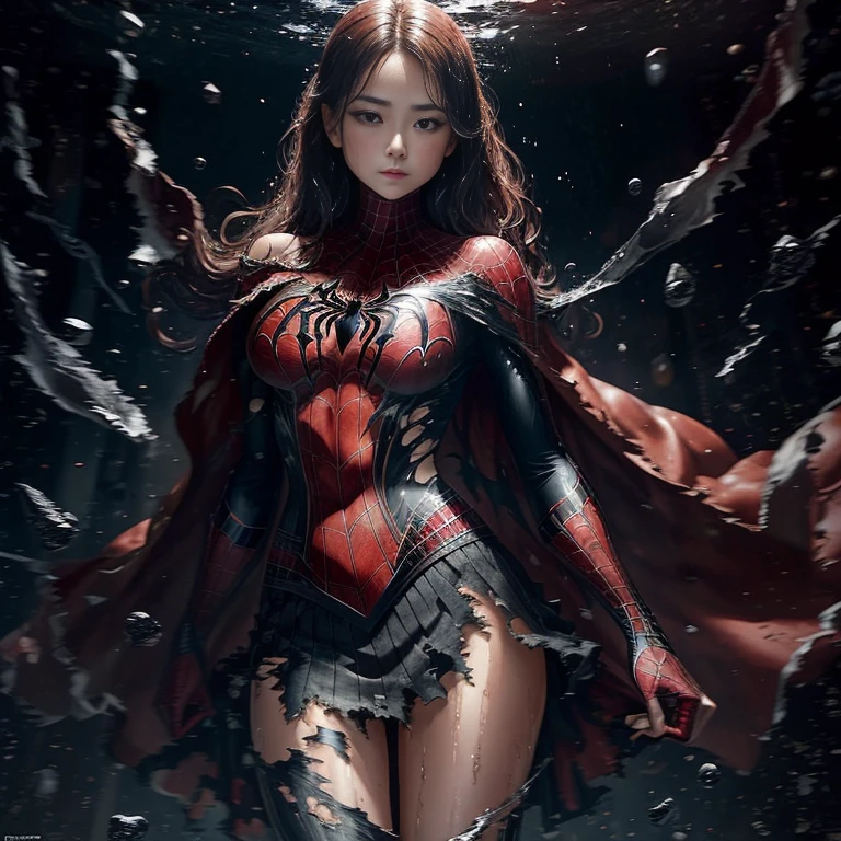 Anna Tove、マーベル・コミック映画のPoster, Very beautiful, Movies about Spiderman, sexy, whole body, I'm wearing a skirt、Premiere date, Poster、belly buttonを突き出す、new york、She&#39;s wearing a torn Spider-Man suit,The suit is torn、Wearing a skirt、 Red and black color scheme,dynamic、masterpiece、highest quality、Ultra-detailed、Very detailed、A delicate and beautiful shine、超A high resolution、Cinematic,Break,Breakdrop,(Torn clothes:1.5), (Wet clothes:1.4), Bare shoulders,Real Rain,Wet Hair,belly button、Exposing Skin、sexyな肩を見せてる