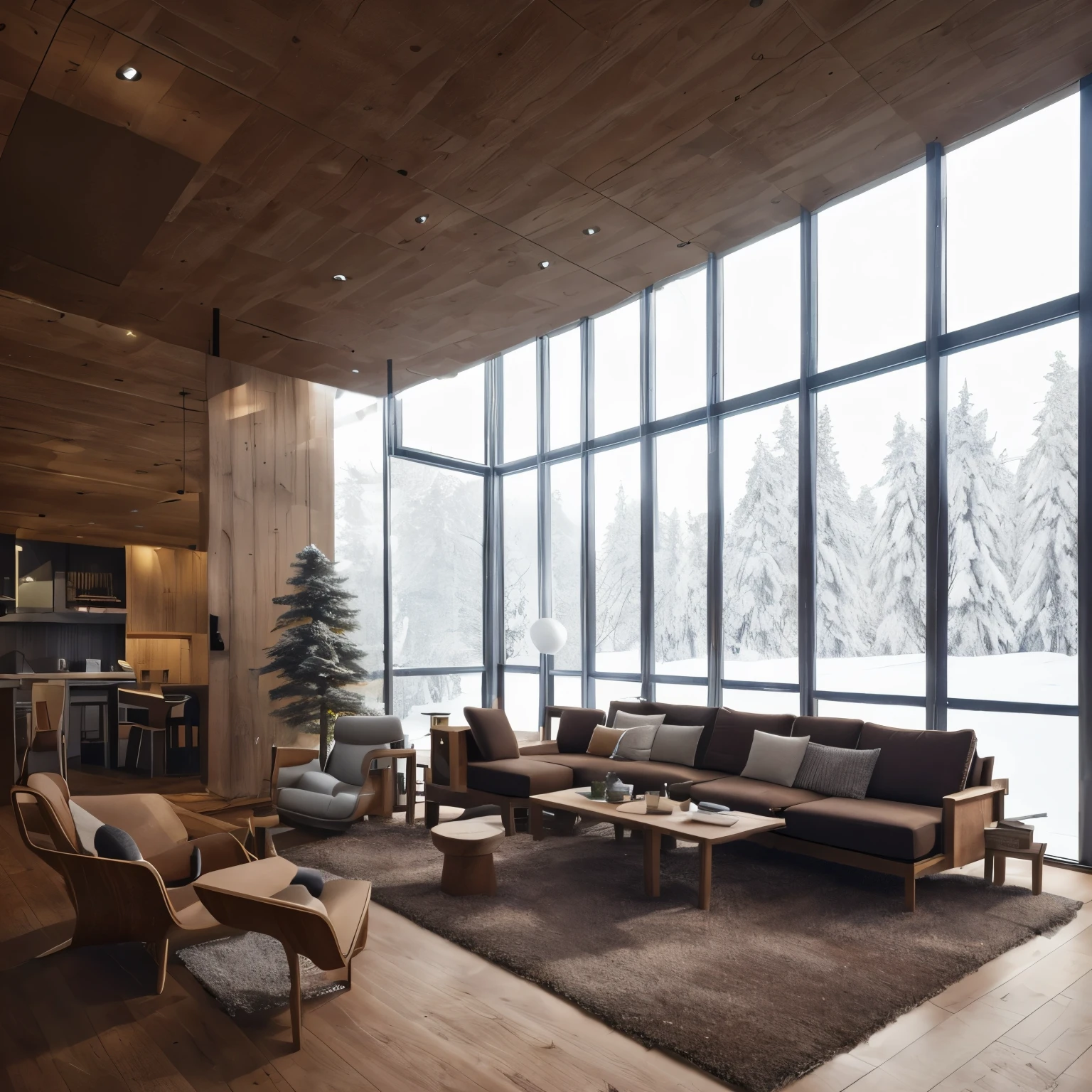 8k,32k,highest quality, Chair, sofa, plant, Snow Scene, Disorganized, composition, cup, interior, Floor-to-ceiling windows, Wooden floor, living room, Dark brown