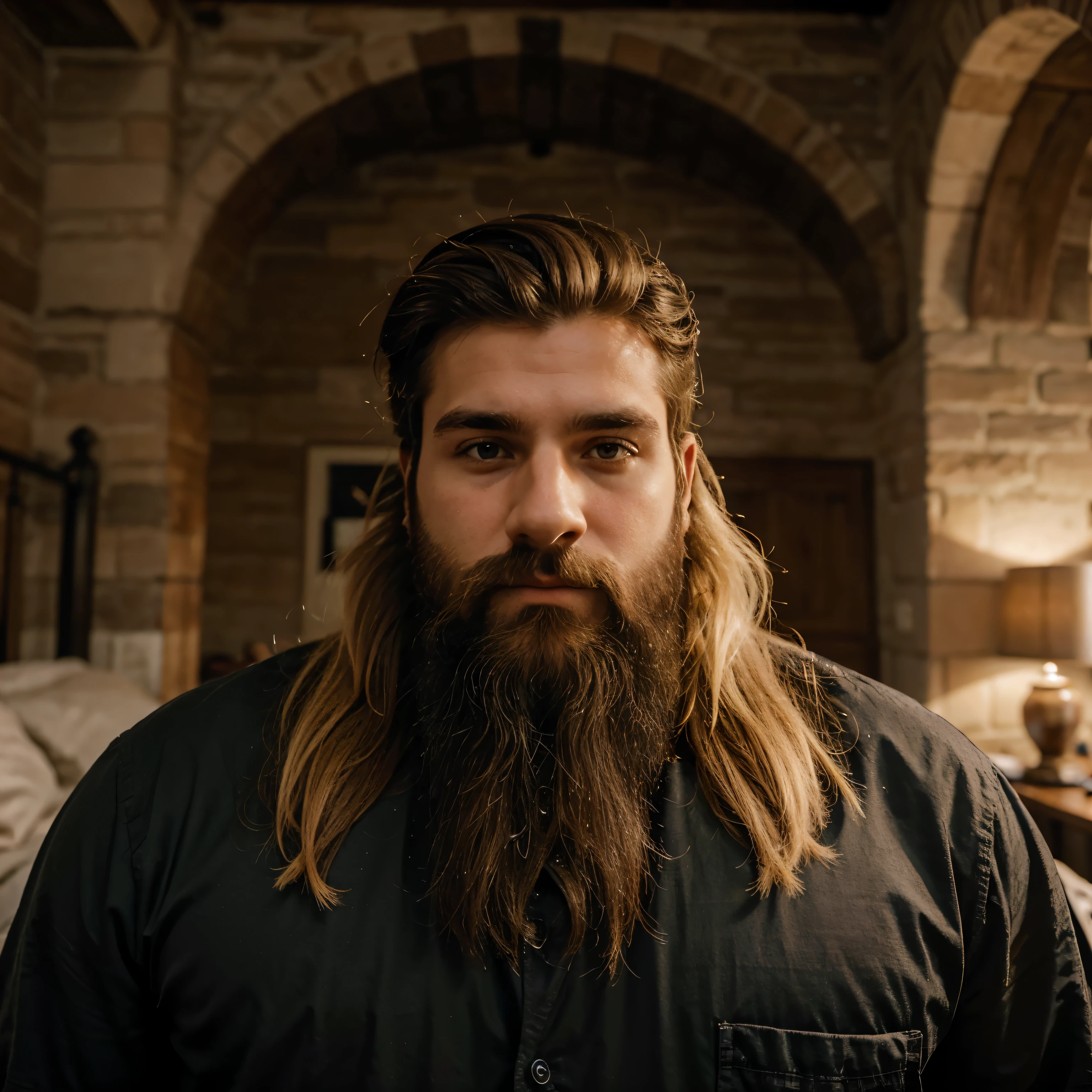 Homem de 26 anos, cabelos longos loiro, barba loira curta, forte 100kg, paisagem Londres, usando coque