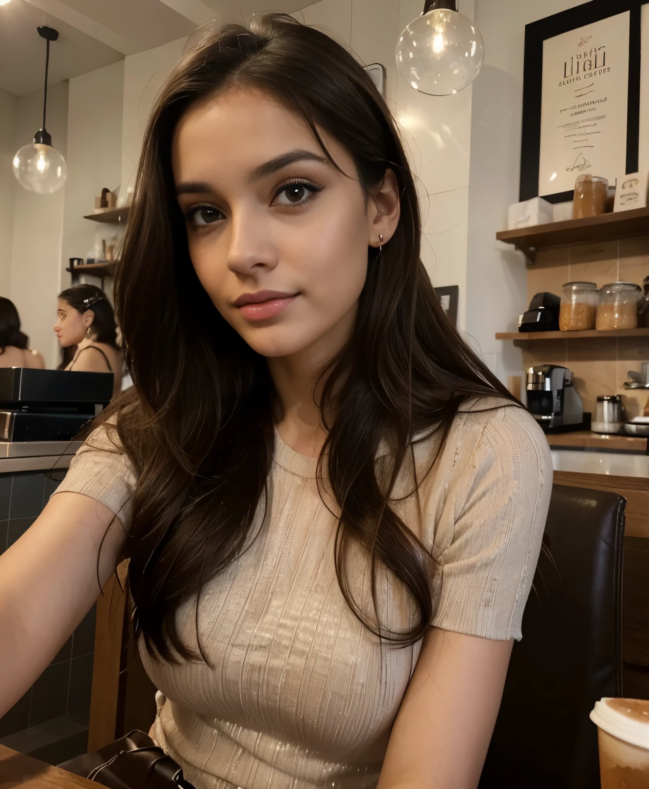 Photo of a cute 30-year-old brunette in lingerie and a bikini, ella tiene una cara muy natural,  labios delgados, ojos delgados, cejas finas, nariz fina, pendientes, long eyelashes. He takes a cute selfie in a coffee shop., Brillante, luz difusa, La piel suave y perfecta refleja la luz., Alto detalle 