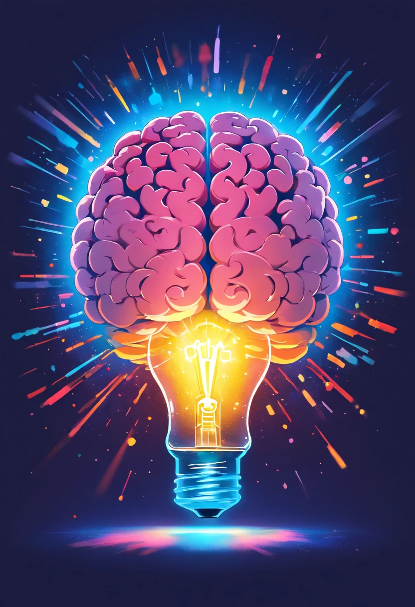 Silhouette or image of a brain with a bright dot in the center representing cognition or insight, complementado por elementos que simbolizam o conhecimento e a aprendizagem, like books or a light bulb. 16:9