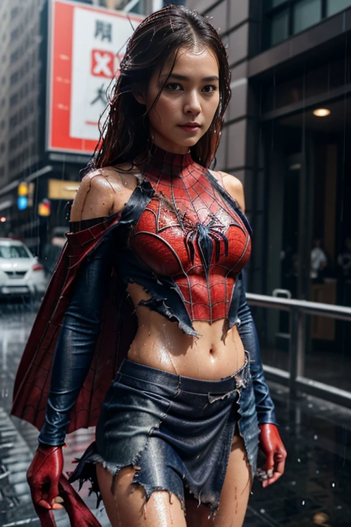 Anna Tove、マーベル・コミック映画のPoster, Very beautiful, Movies about Spiderman, sexy, whole body, I'm wearing a skirt、Premiere date, Poster、belly buttonを突き出す、new york、She's wearing a torn Spider-Man suit,The suit is torn、Wearing a skirt、 Red and black color scheme,dynamic、masterpiece、highest quality、Ultra-detailed、Very detailed、A delicate and beautiful shine、超A high resolution、Cinematic,Break,Breakdrop,(Torn clothes:1.5), (Wet clothes:1.4), Bare shoulders,Real Rain,Wet Hair,belly button、Exposing Skin、sexyな肩を見せてる