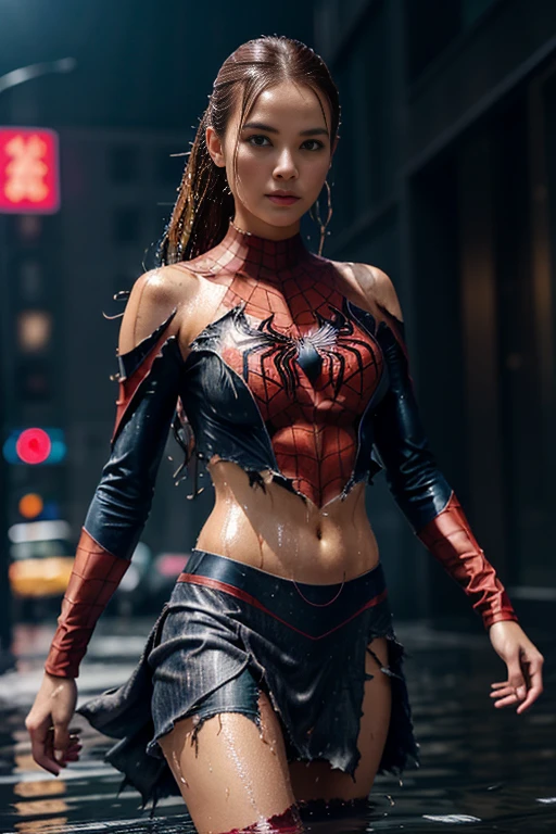 Anna Tove、マーベル・コミック映画のPoster, Very beautiful, Movies about Spiderman, sexy, whole body, I'm wearing a skirt、Premiere date, Poster、belly buttonを突き出す、new york、She&#39;s wearing a torn Spider-Man suit,The suit is torn、Wearing a skirt、 Red and black color scheme,dynamic、masterpiece、highest quality、Ultra-detailed、Very detailed、A delicate and beautiful shine、超A high resolution、Cinematic,Break,Breakdrop,(Torn clothes:1.5), (Wet clothes:1.4), Bare shoulders,Real Rain,Wet Hair,belly button、Exposing Skin、sexyな肩を見せてる