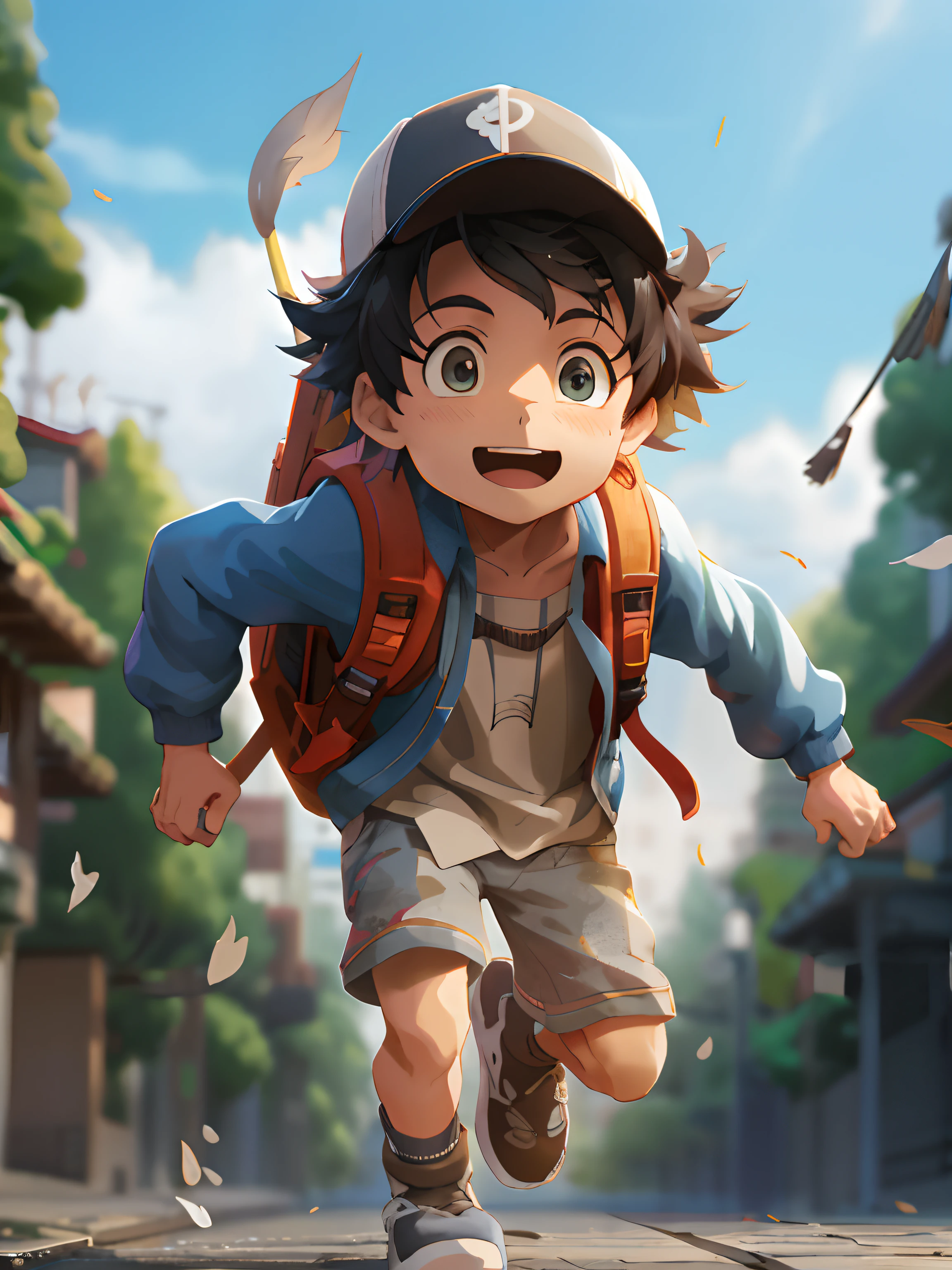 Anime boys running through the streets with backpacks and hats, In a Japanese anime style, Stylized anime, Anime style. 8K, animation style render, 2. 5 D CGI anime fantasy artwork, childrens art in artstation, lovely digital painting, Cute detailed digital art, Cute two-dimensional cartoon, anime cgi style