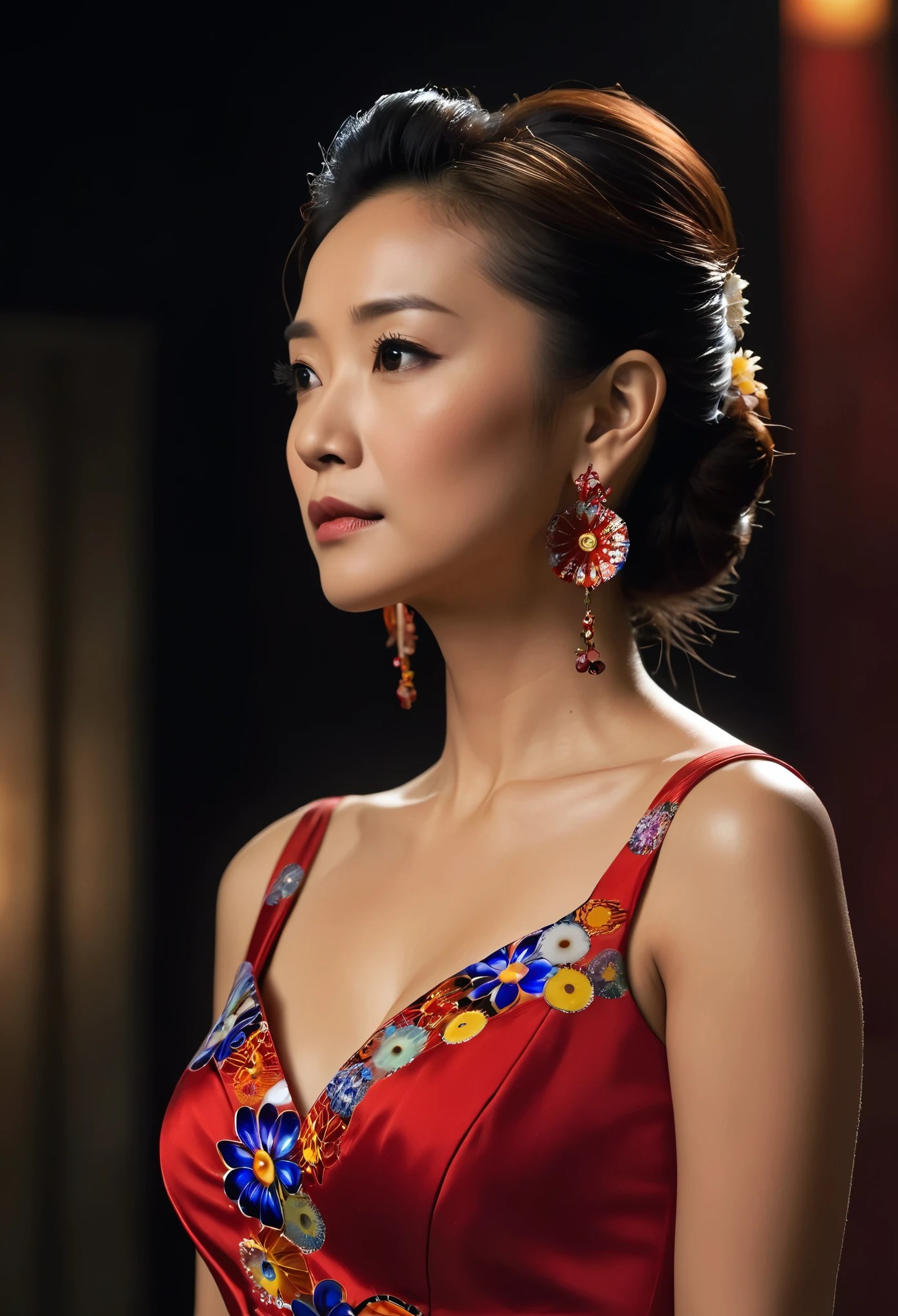 an Asian woman in a red dress, with her hair tied back and wearing earrings, standing upright against a dark background. She is looking down at the ground while holding onto one side of her chest. The scene was captured from a TV series showcasing detailed facial features and  details. Her expression conveys tears as she reflects on past memories, with a focus on her face.,Millefiori glass style
