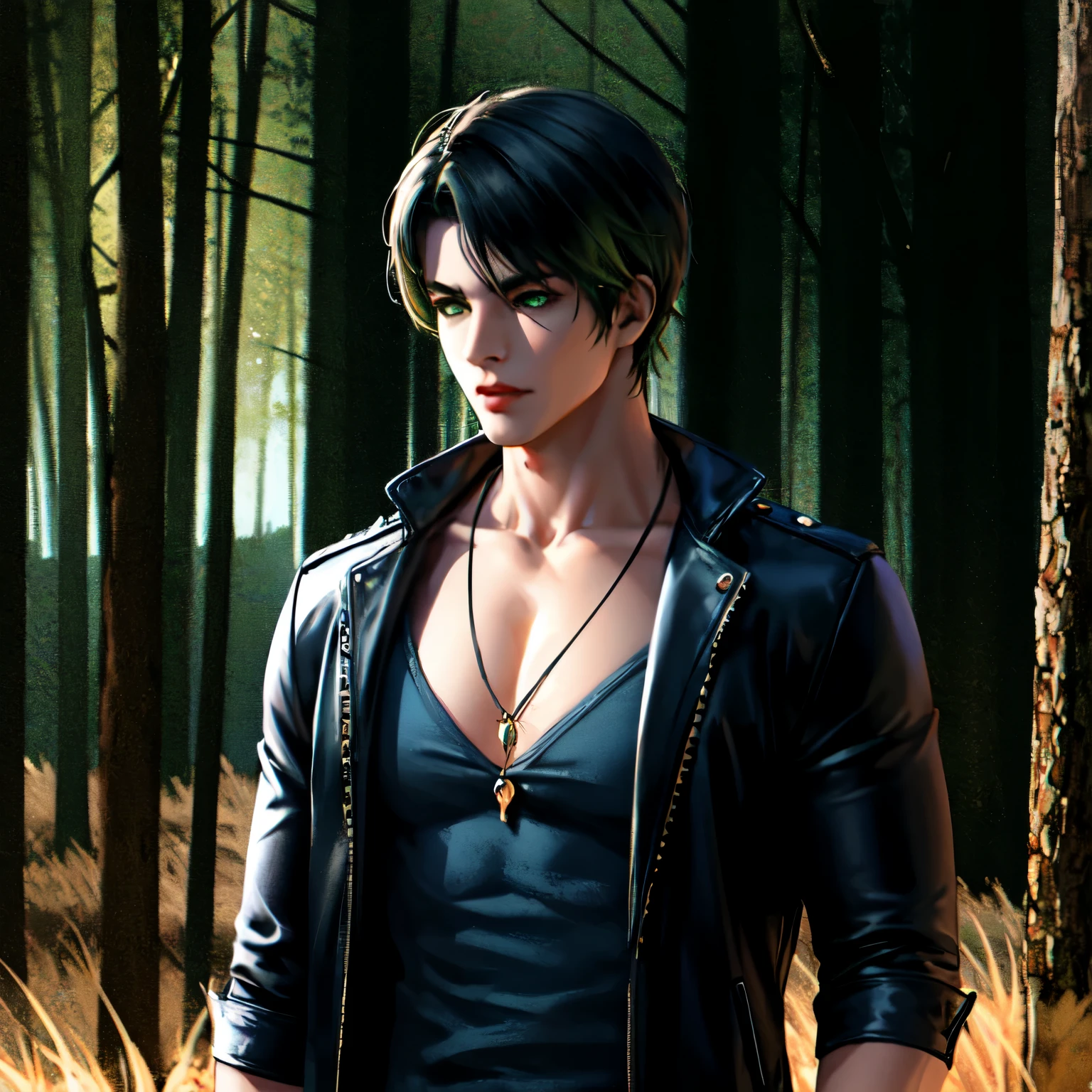 1 man, solo, adult, mature, tall muscular guy, broad shoulders, handsome, very short hair, black hair, light green eyes, angular jaw, thick neck, bushy eyebrows, night, dark, night view of forest background, casual clothing, leather jacket, jeans, necklace with black pendant (realistic)