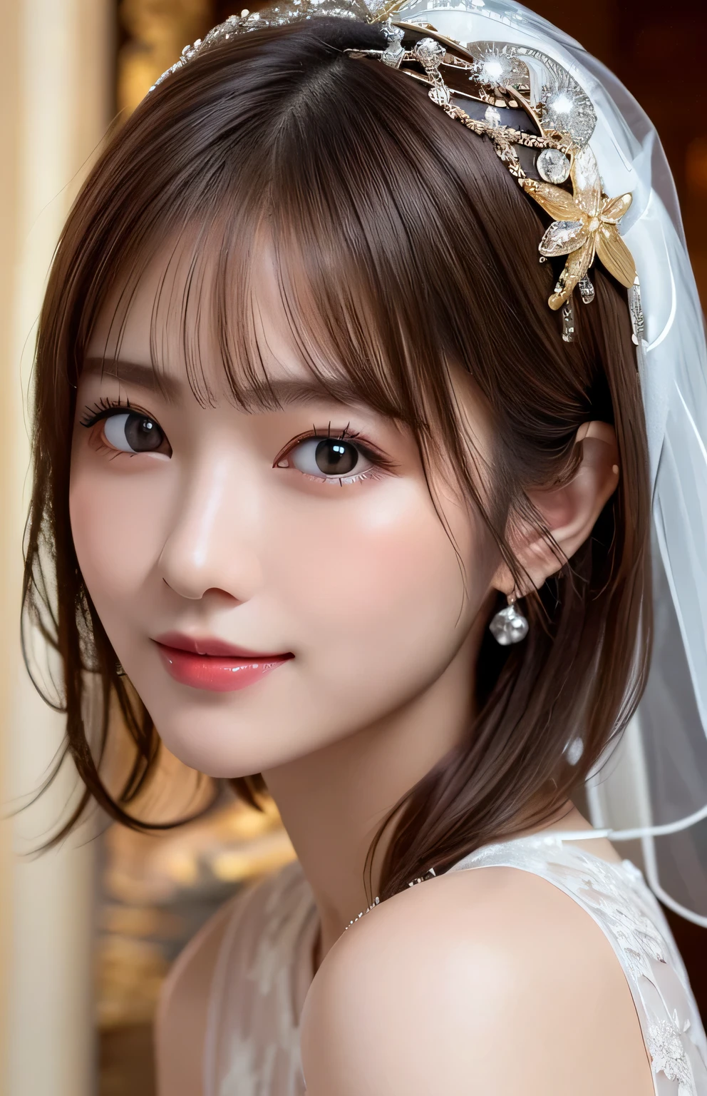 (Highest quality:1.5), (Realistic:1.5), (1 person:1.5), leaning forward, Very detailed, fine, high resolution, 8k wallpaper, perfect dynamic composition, upper body, small breasts, natural colored lips, cute smile, Japanese woman, 20 years old girl, beautiful and exquisite face, perfect and beautiful face, beautiful and fine eyes, big eyes, brunette eyes, beautiful and exquisite face, perfect and beautiful double eyelids, natural bangs, beautiful Thin nose, beautiful skin, maroon brown hair, medium bob hair, short cut hair, natural bangs, perfect and beautiful face, slim face and style, (looking at camera), bright lighting, professional lighting, forward lighting, natural smile, church, Mermaid-Line wedding dress, tiara,
