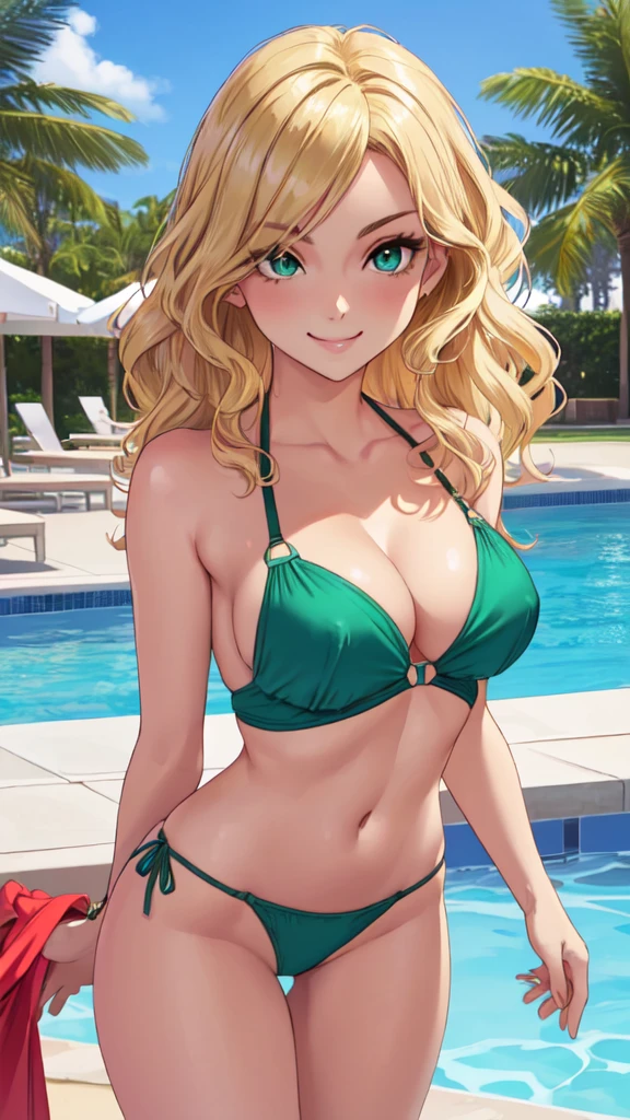 (8K, RAW photo, high quality, masterpiece: 1.2), High-definition RAW color photo, alone, (((young woman, gal))), (Sharp features), (small face), (high detail skin: 1.2), clavicle, cute face, beautiful appearance, long eyelashes, (rainbow hair, green eyes), ((have : 1.2)), (beautiful breasts:(very detailed)), (thin:1.4), detailed eye, double eyelids, View with side eye, ((blonde, wavy hair)), thin body, ((smile:1.2, Upper eye usage)), big breasts, noint, green_eye, back shot, composition from above, (((:1.5, Seductive thighs))), staring eye, beautiful skin, shiny skin, perfect fingers, five fingers, anatomically correct, high quality, surreal, bright colors, ((very detailed, photo shoot)), 2 piece red color bikini, beach background, diving in the pool